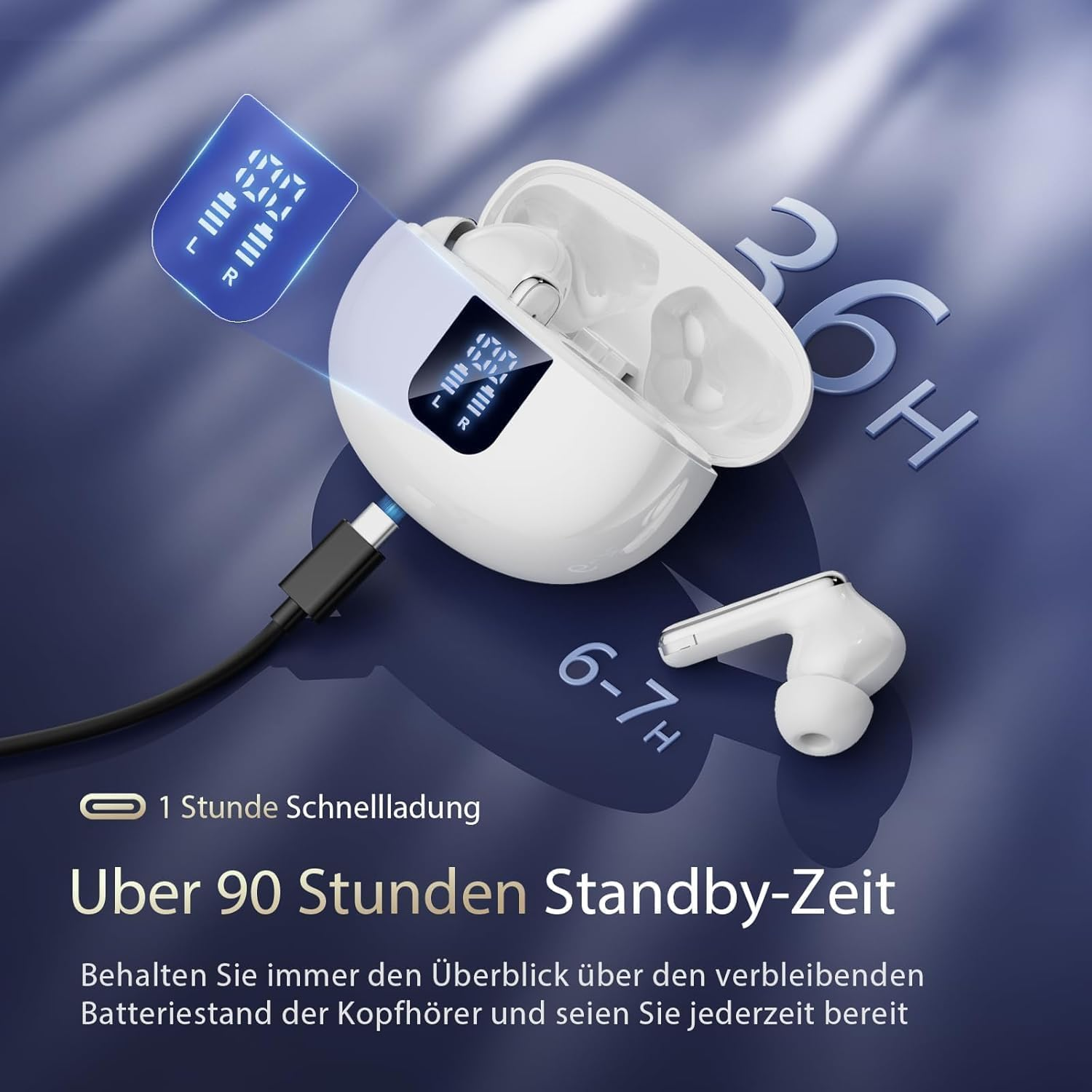 EUQQ Headphones Wireless Bluetooth 5.4 ANC+ENC Noise Cancelling In-Ear Headphones 360&deg; Hifi Stereo 1 Hour Quick Charge 36 Hours Playtime Earphones with LED Charging Box S/M/L Ear Caps Type C Charging image number 2