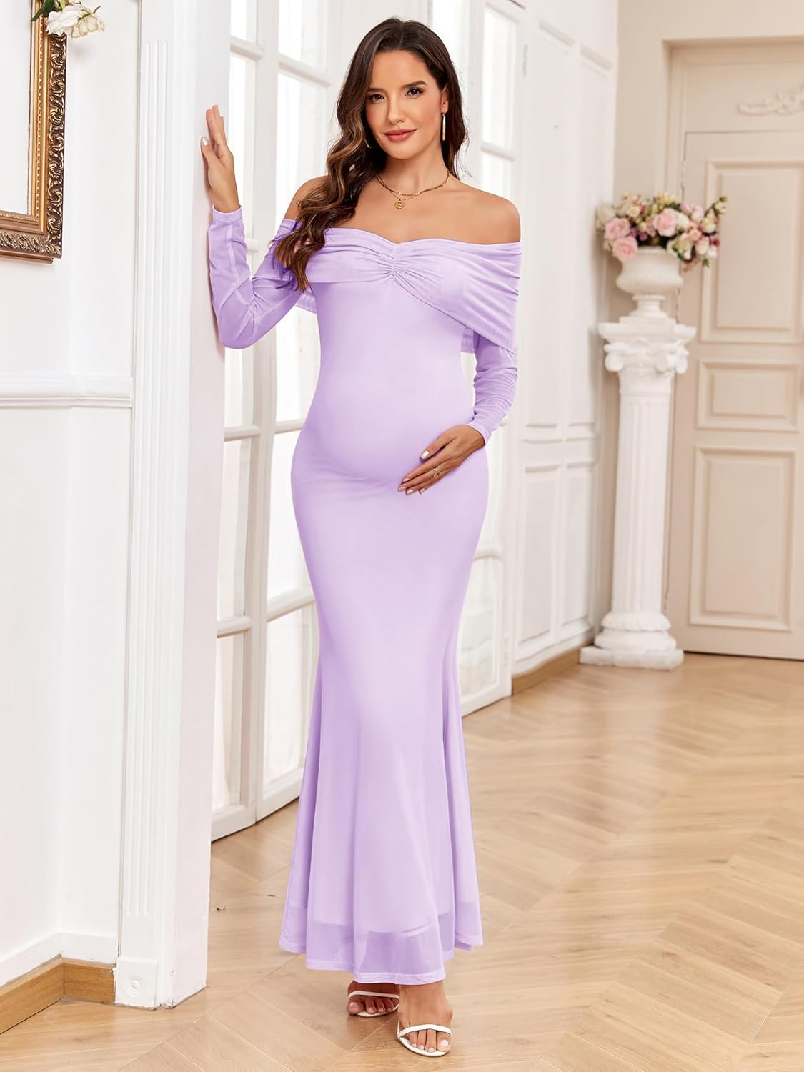 Maternity off the Shoulder Mermaid Maxi Dress Mesh Bodycon Pregnancy Dresses Baby Shower Photoshoot with Floral image number 4