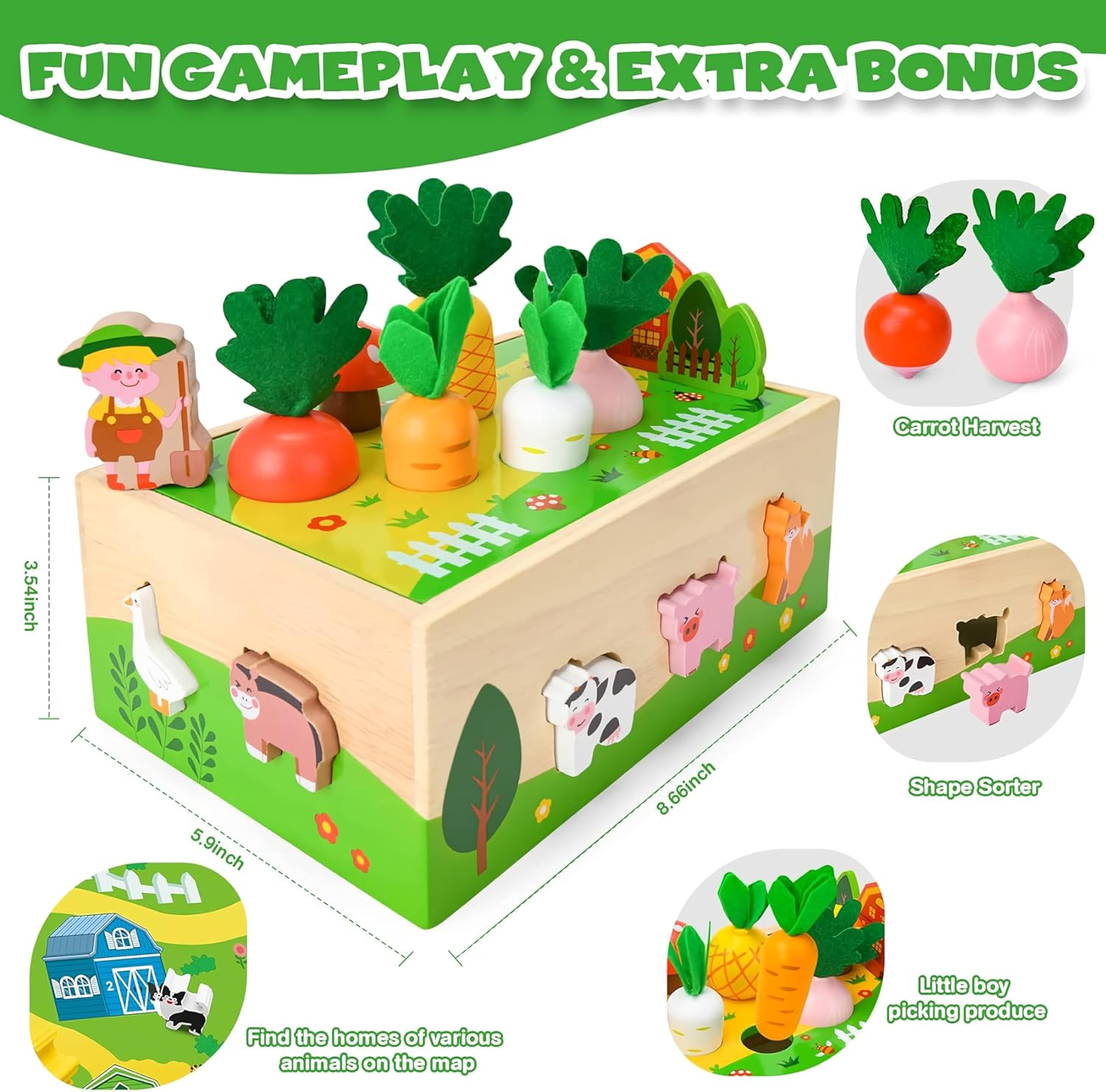 Toddler Montessori Toys Age 1-3, Wooden Educational Farm Play Set, Catching & Shape Sorting Car, Birthday 1 2 Year Old Boys Girls