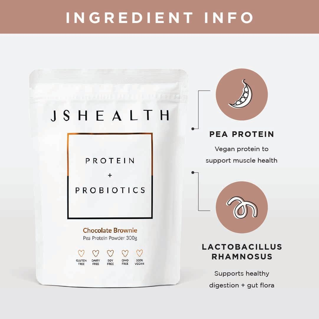 Jshealth Pea Protein Powder with Probiotics - Chocolate Brownie Flavour |Gluten Free | Dairy Free | Free from Refined Sugar and Artificial Sweeteners (300 G Pouch) image number 5