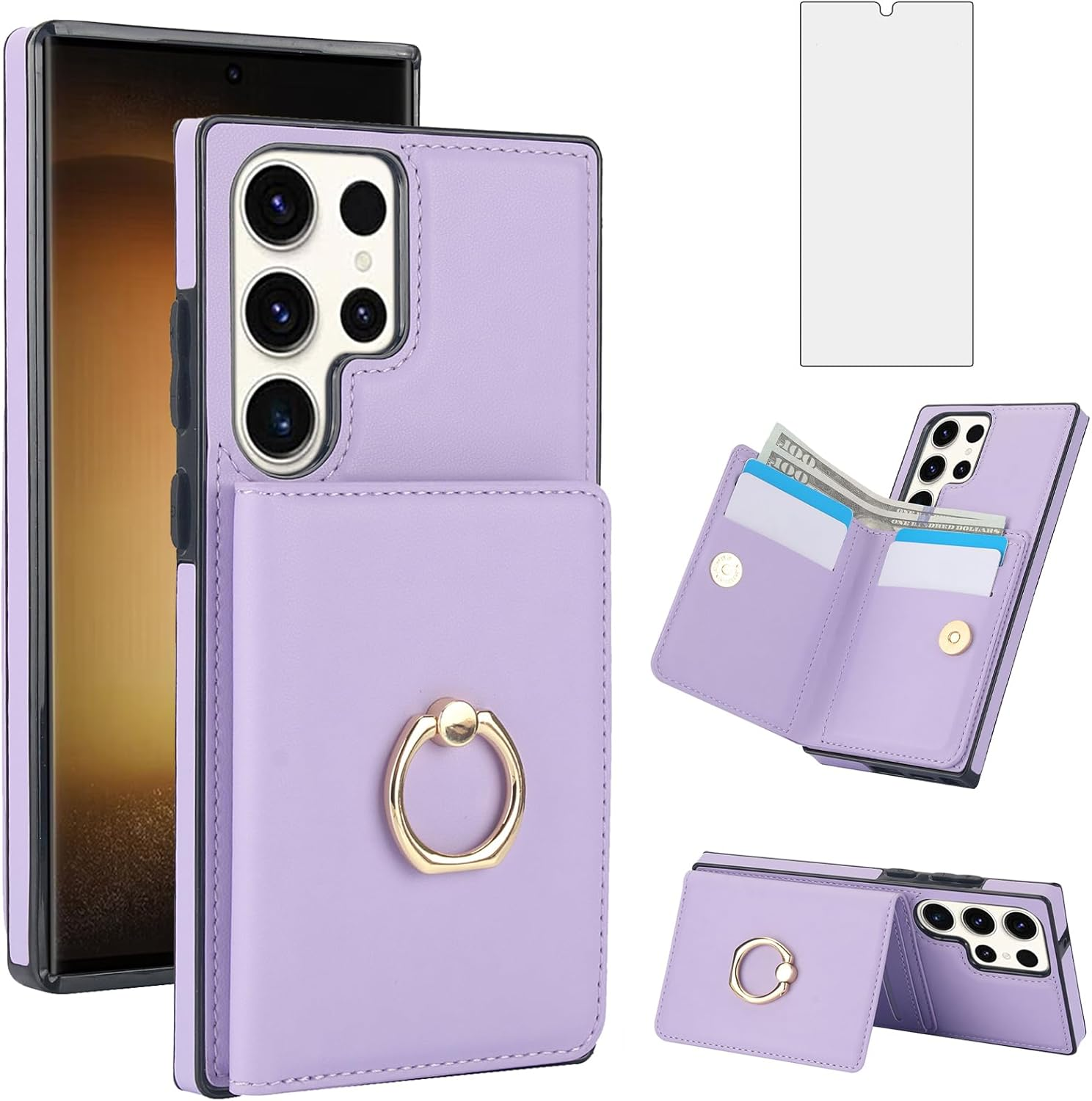 Asuwish Phone Case for Samsung Galaxy S23 Ultra 5G with Tempered Glass Screen Protector and RFID Card Holder Slot Ring Kickstand Cell Accessories S23Ultra 23S S 23 23Ultra 6.8 Inch Women Men Rose Gold