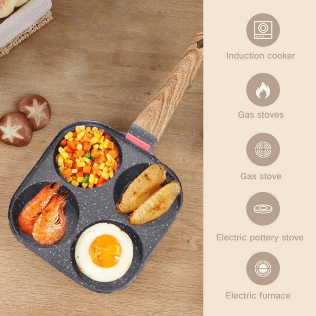 Kitment Egg Frying Pan with Flipping Lid, 4 Cup Omelet Pan for Burger Eggs Ham, Pancake Maker Frying Pot for Breakfast, Egg Skillet, Suitable for Gas, Induction Stoves, Nonstick, Wooden Handle image number 3