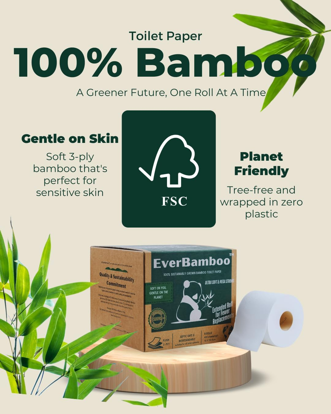 Premium 3-Ply, 100% Bamboo Toilet Paper, 32 Rolls Pack, More than Double Length - Ultra Soft and Mega Strong with 400 Sheets per Roll image number 6