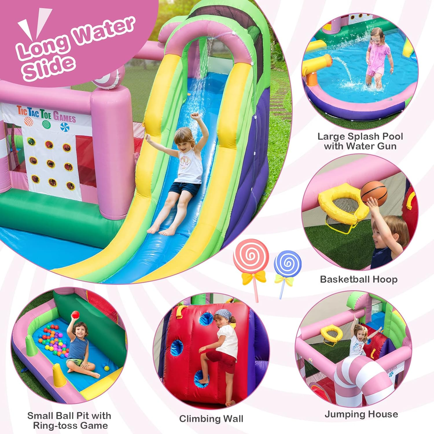 HONEY JOY Inflatable Water Slide, Wet Dry Inflatable Water Park Jumping Castle W/Long Slide, Splash Pool, Water Gun, Basketball Hoop, Climbing Wall, Ring-Toss Game, Tic Tac Toe Game (With 680W Blower) image number 6