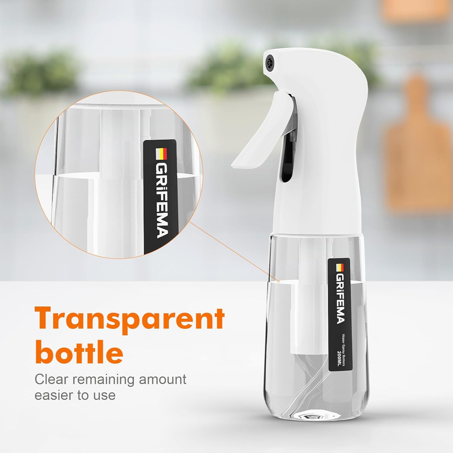 GRIFEMA White Water Sprayer 200 Ml - Refillable Spray Bottle Made of Bpa-Free Plastic with Fine Spray - for Hair, Plants, Cleaning - Ergonomic and Leak-Proof Design, GE2003W-200