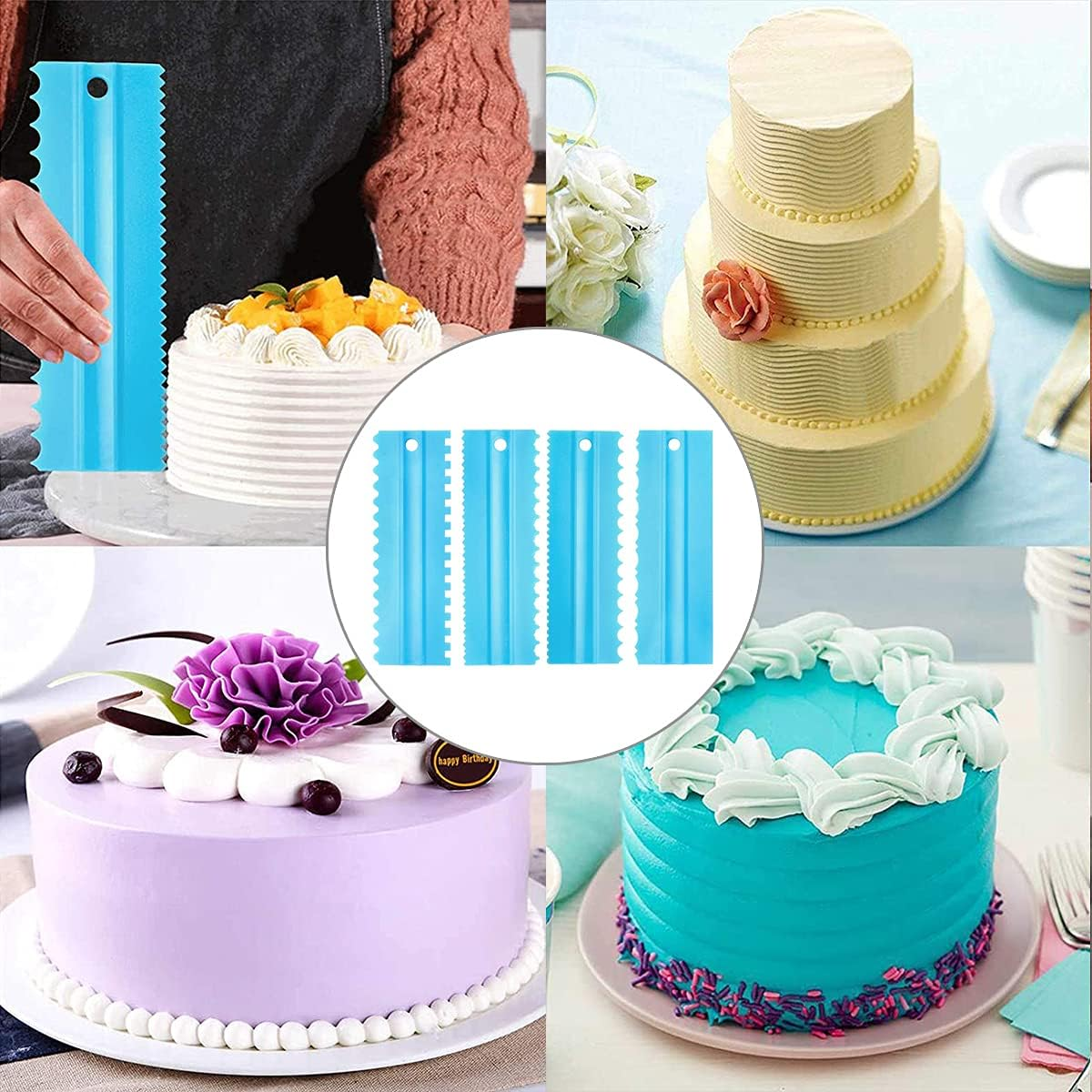 WELANE Cake Scraper, 4 PCS Double Side Cake Smoother Scraper for Mousse Butter Cream Cake Decoration (8 Kind) image number 1