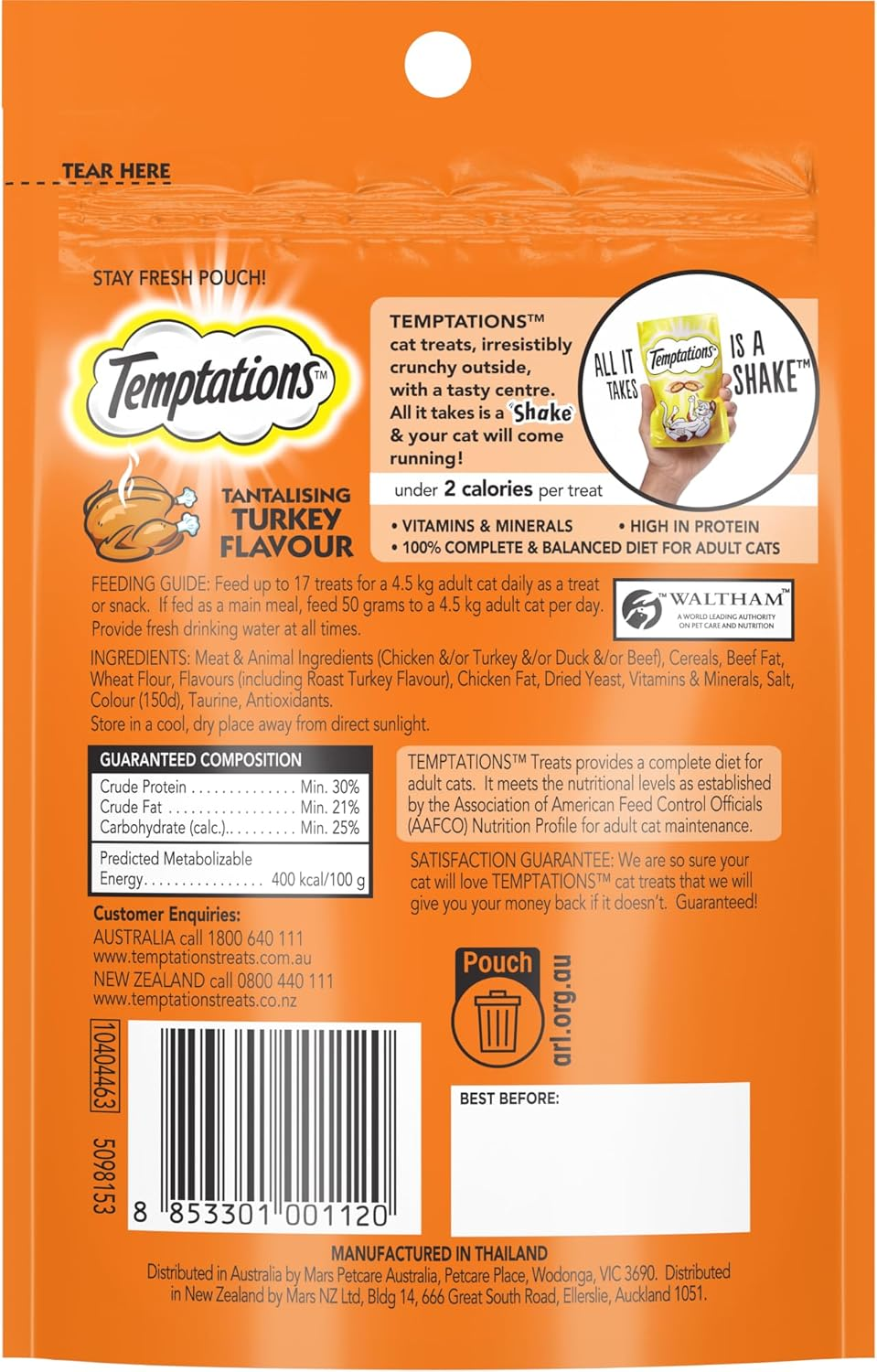 TEMPTATIONS Cat Treats Tantalising Turkey Flavour 85G, 6 Pack image number 3