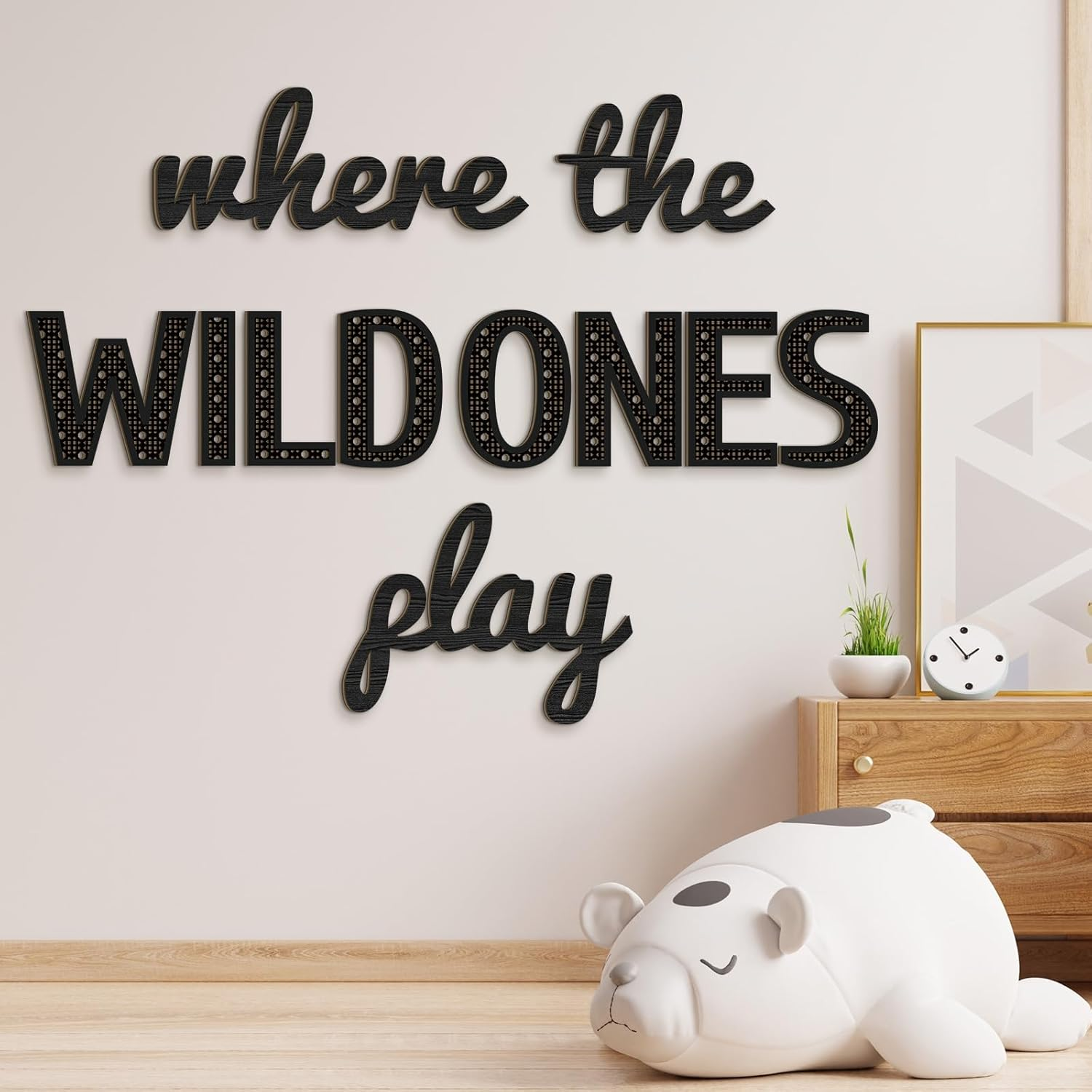 Beeveer Where the Wild Ones Play Nursery Sign Wooden Playroom Wall Decor Playroom Decoration Word Play Sign for Wall Plaques(23 Inch,Black) image number 5