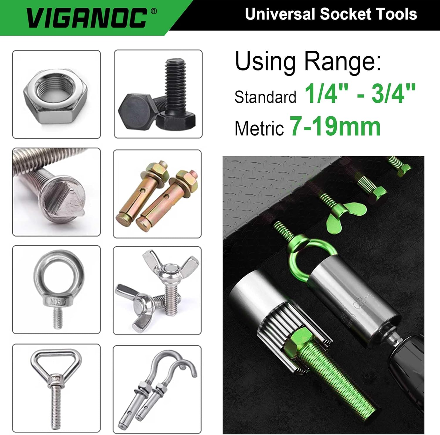 Viganoc Super Universal Socket Tools with Power Drill Adapter, 1/4" - 3/4" Standard and 7-19Mm Metric, Silver