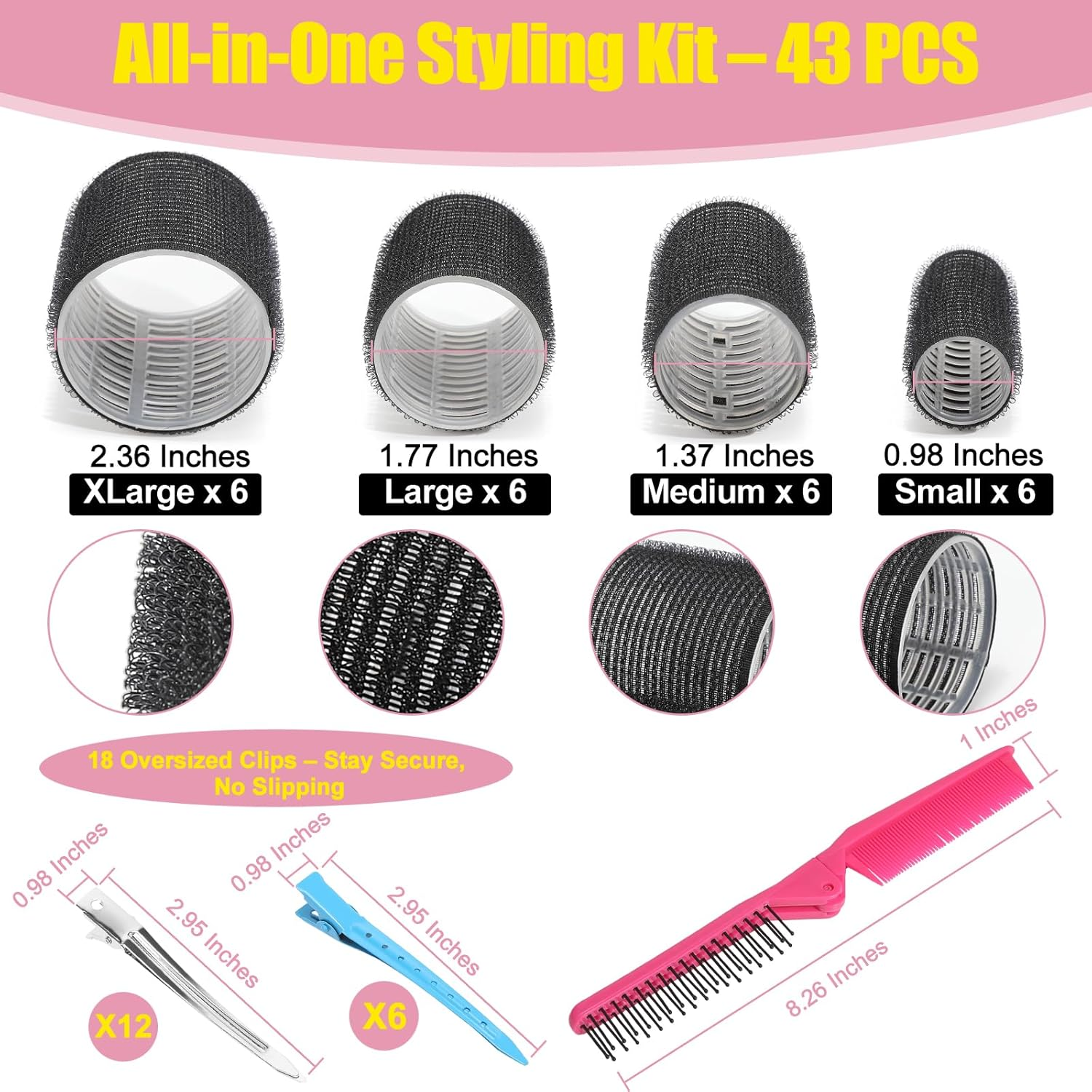 43PCS Self Grip Hair Rollers Set for Long Thick Hair &ndash; 4 Sizes Curlers (25Mm-60Mm) with 18 Extra-Large Clips & Folding Comb &ndash; Heatless Hair Curlers for Volume & Waves image number 6