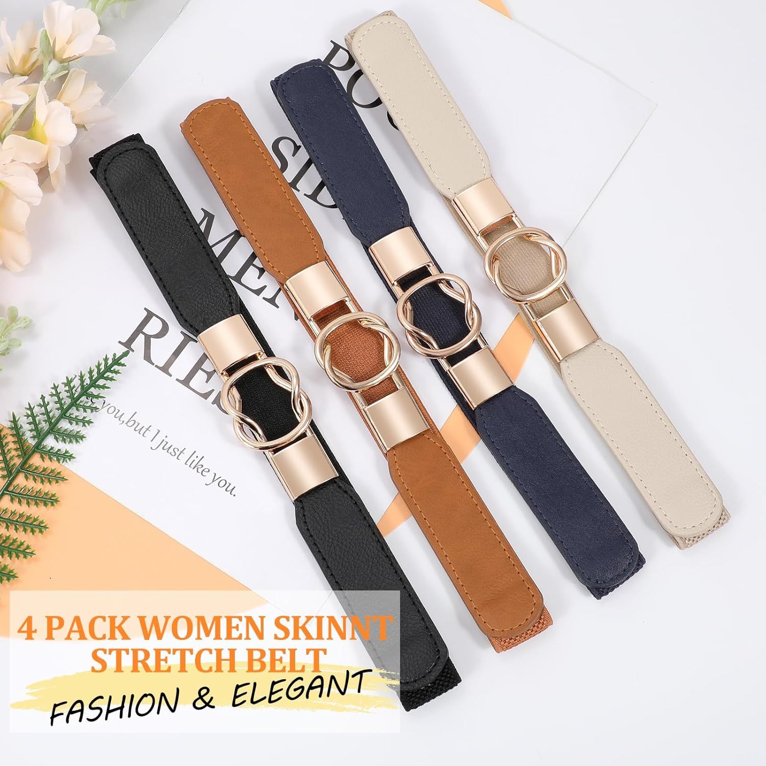 Women Skinny Belt for Dresses Retro Stretch Ladies Waist Belt plus Size Set of 4 image number 4