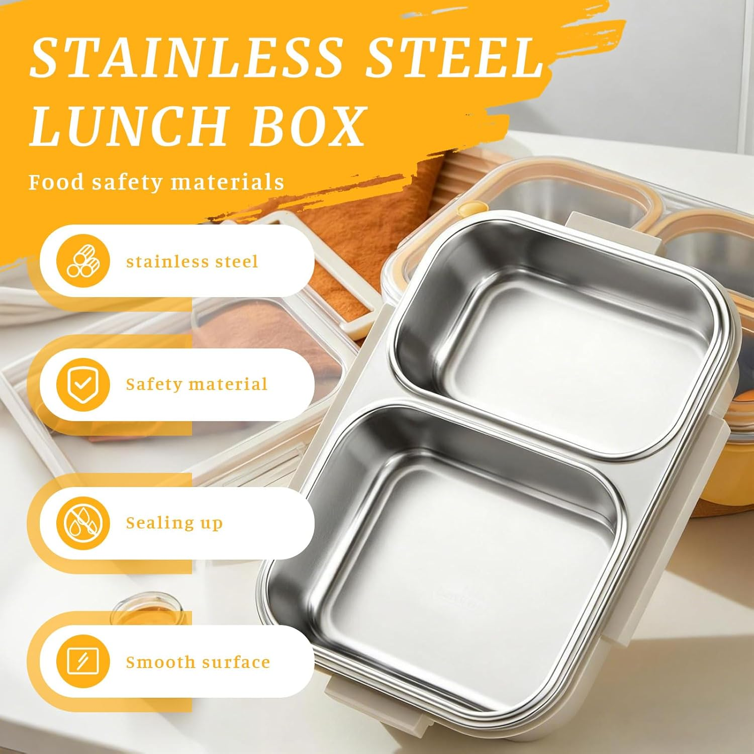 Lunch Box with Compartments, Stainless Steel Lunch Box for Children & Snack Box with Compartments, Bento Box 3 Compartments, Leak-Proof Stainless Steel Snack Box for School & Office image number 2