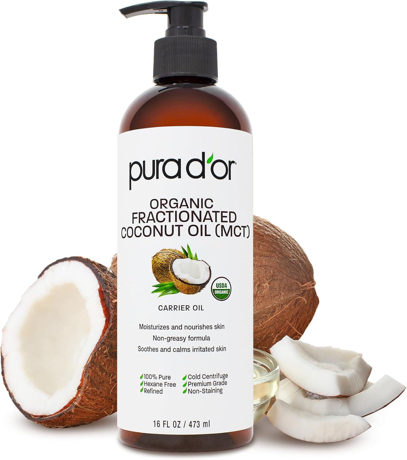 Pura D'Or Organic Fractionated Coconut Oil (16Oz / 473Ml) USDA Certified 100% Pure & Natural MCT Oil Sustainably Sourced Hexane Free Moisturizing Carrier Oil for Face, Skin & Hair (Packaging May Vary) image number 3