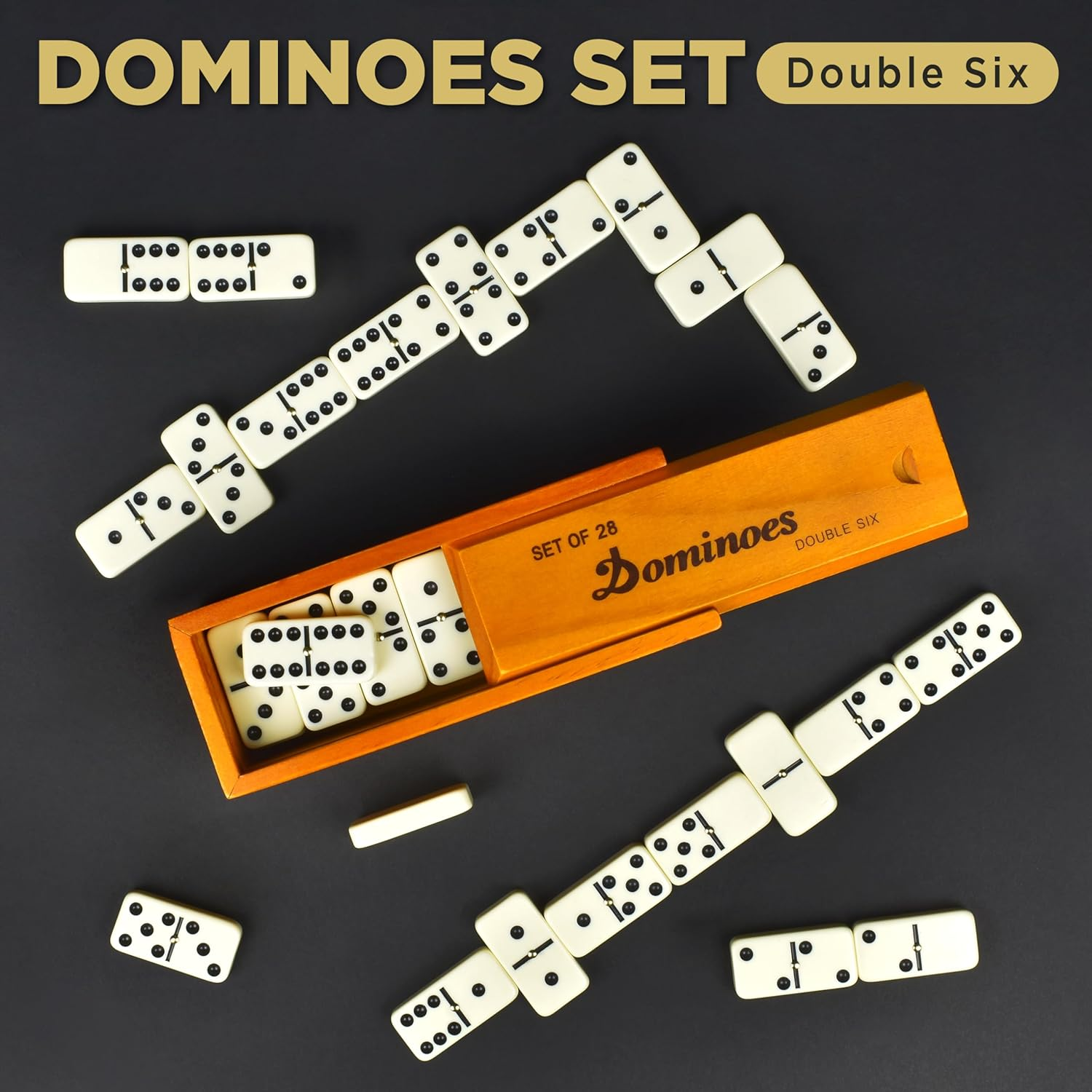 Dominos Set for Adults &ndash; Dominoes - Classic Board Games - Juegos De Mesa - Double 6 Dominoes for Family Games for Kids and Adults - Double Six Standard Dominos Set 28 Tiles with Brown Wood Case image number 4