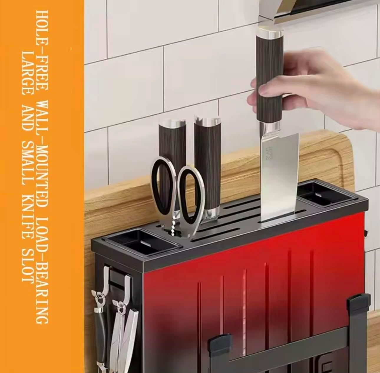 Wall-Mounted Kitchen Knife Organiser, Multifunctional Utensil Holder with Cutting Board Storage, Black image number 3