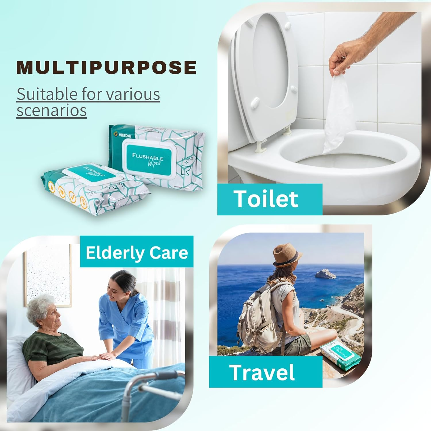 Flushable Wipes for Adults, Septic and Sewer Safe, VIETDAI Toilet Wipes Infused with Aloe and Vitamin E for Women, Men, Elders Incontinence, Travel, and Bathroom Use - 168 Count image number 4