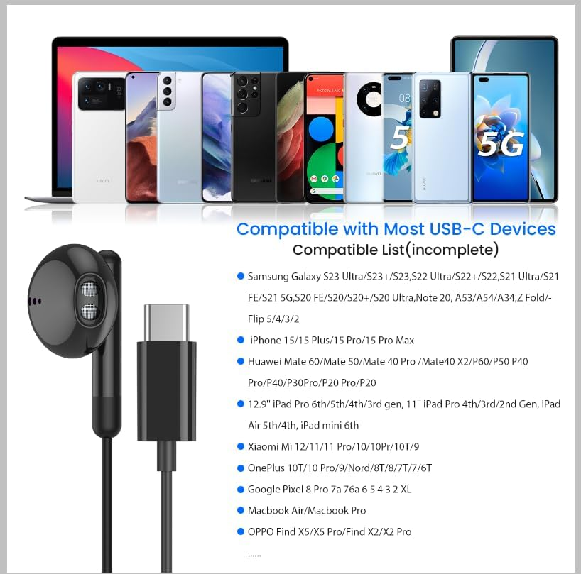 USB C Headphones for Iphone USB C Earphones with Microphone In-Ear Wired Earbuds Headphones for Iphone 15 Pro Max Ipad Pro, USB Type C Earphones for Samsung Galaxy S23 S22 S21 S20 A53 A54 A34 Pixel 8 image number 3