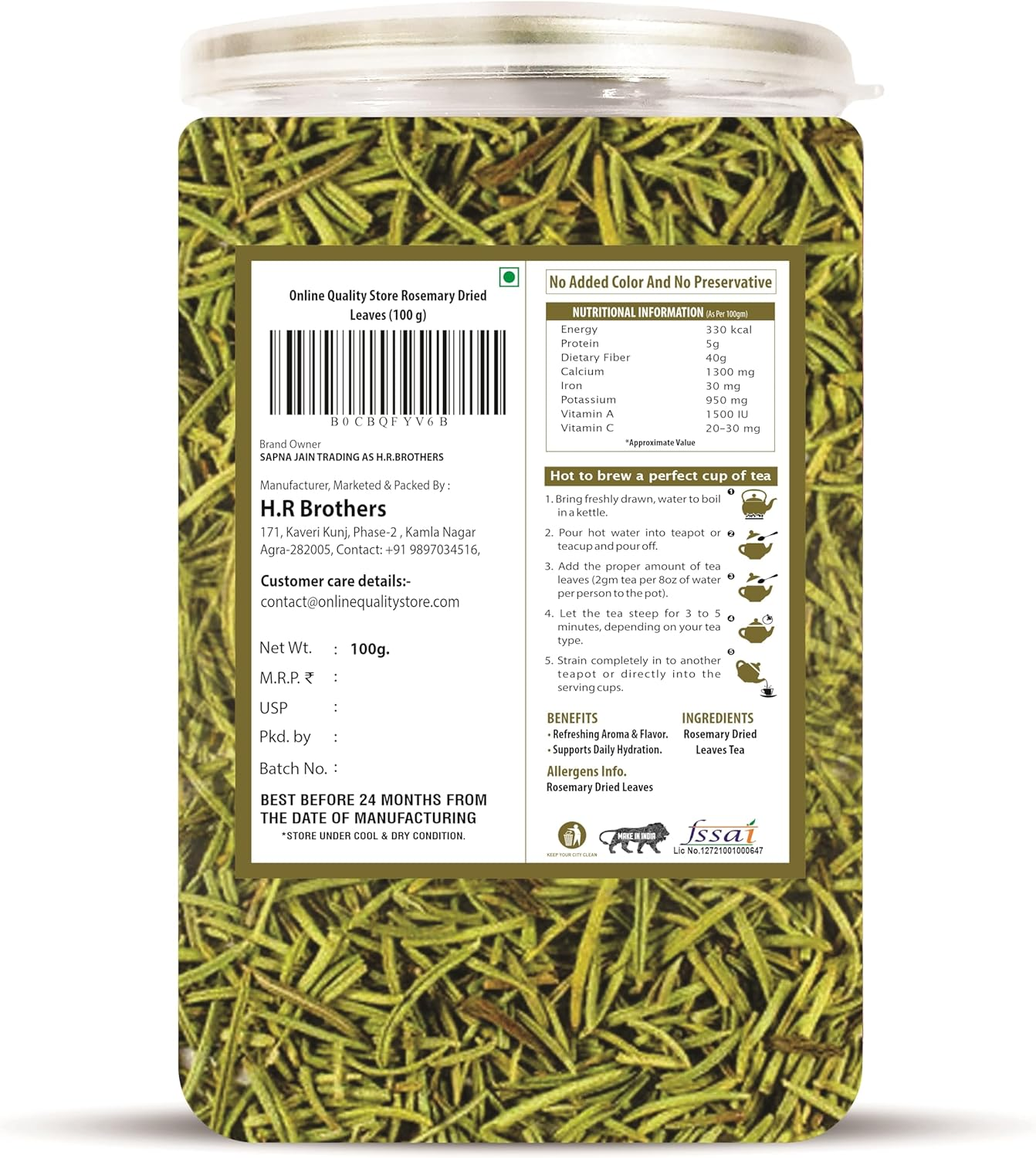 Online Quality Store Rosemary Dry Leaves - 100G | for Hair Growth & Rosemary Tea Leaves | Rosemary Herbal Tea