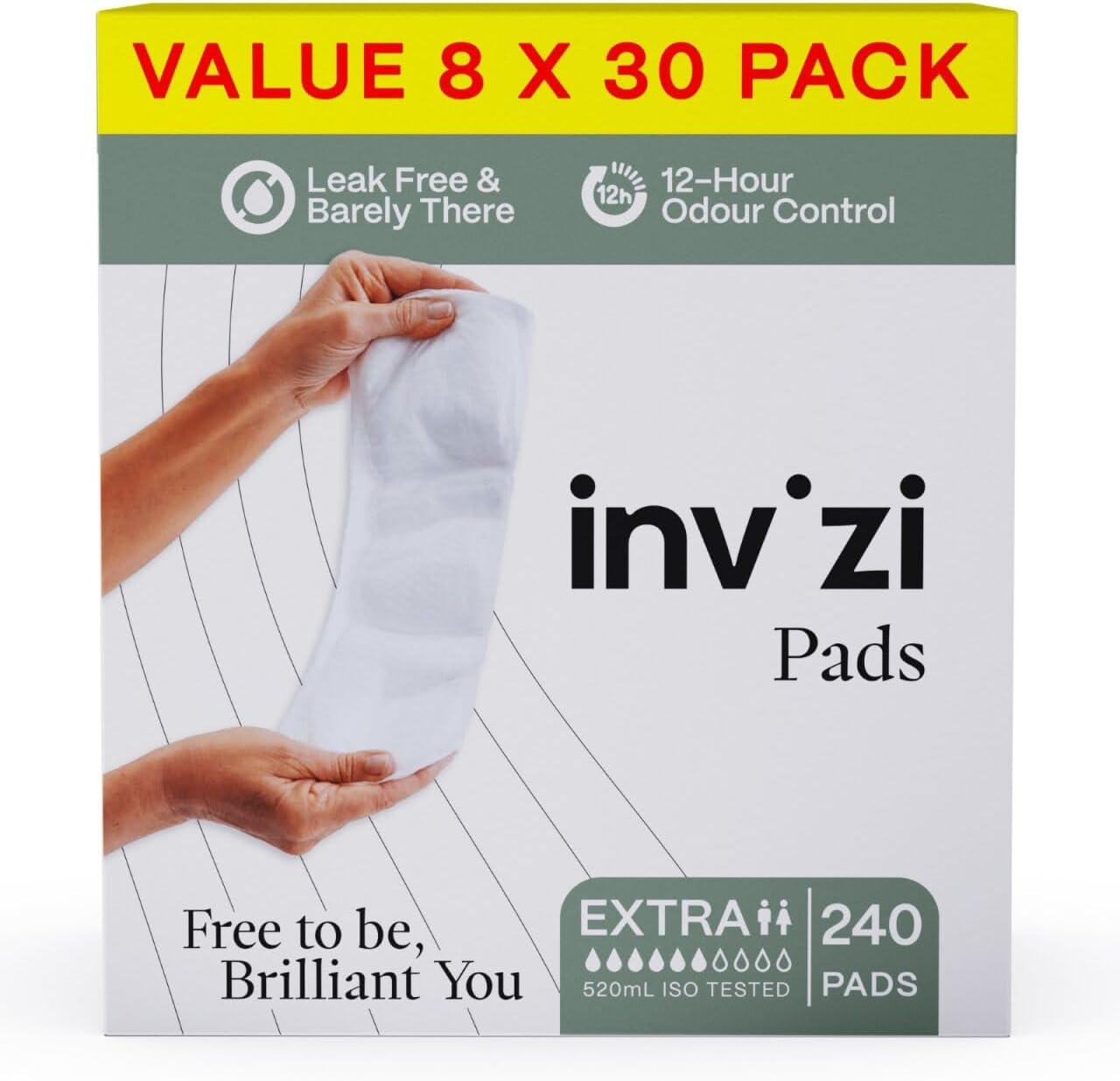Invizi Pads Extra Disposable Incontinence Pads &ndash; Slimline Pads for Moderate Bladder Leaks, Fast Absorption, Odour Control, Skin-Friendly & Comfortable Fit for Day & Night Use - 8 X 30 Pack