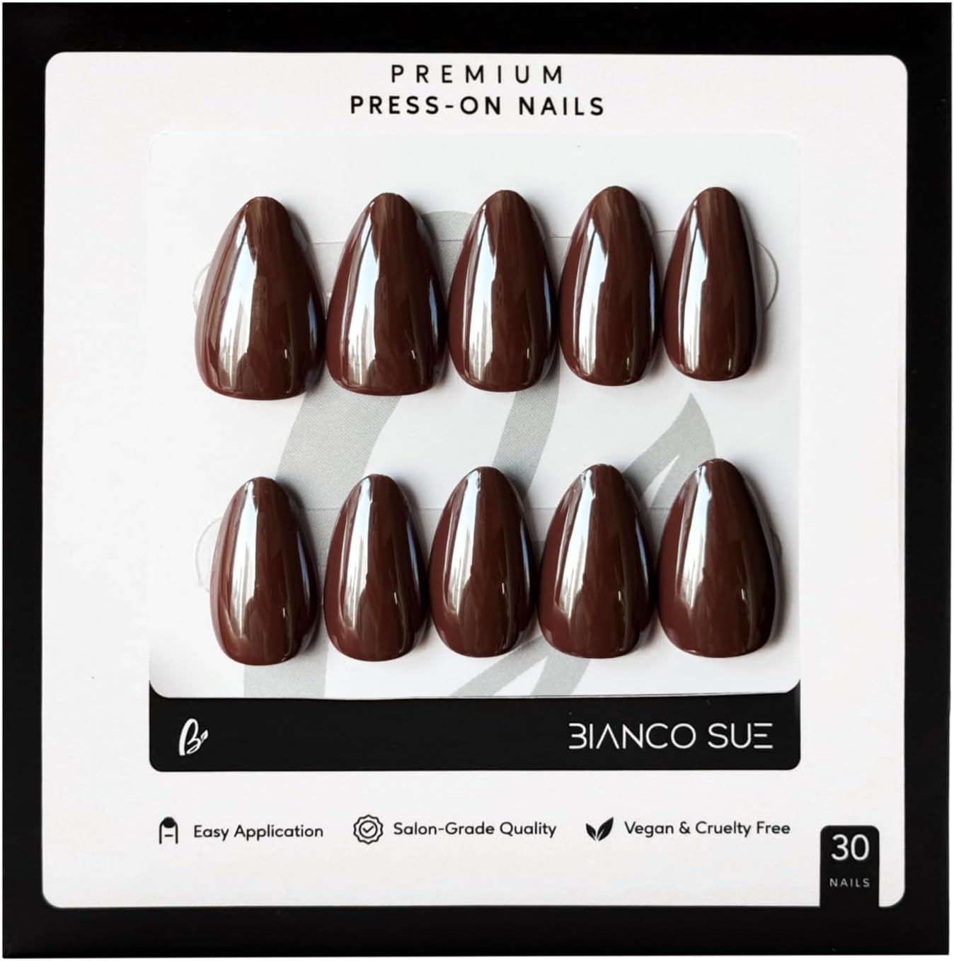 Press-On Nails | Metallic Cocoa Almond False Nails, Reusable Stick-On Fake Nails with Adhesive Tabs and Glue | Salon-Grade Quality | Transparent Storage Box | 15 Sizes - 30 Nail Kit