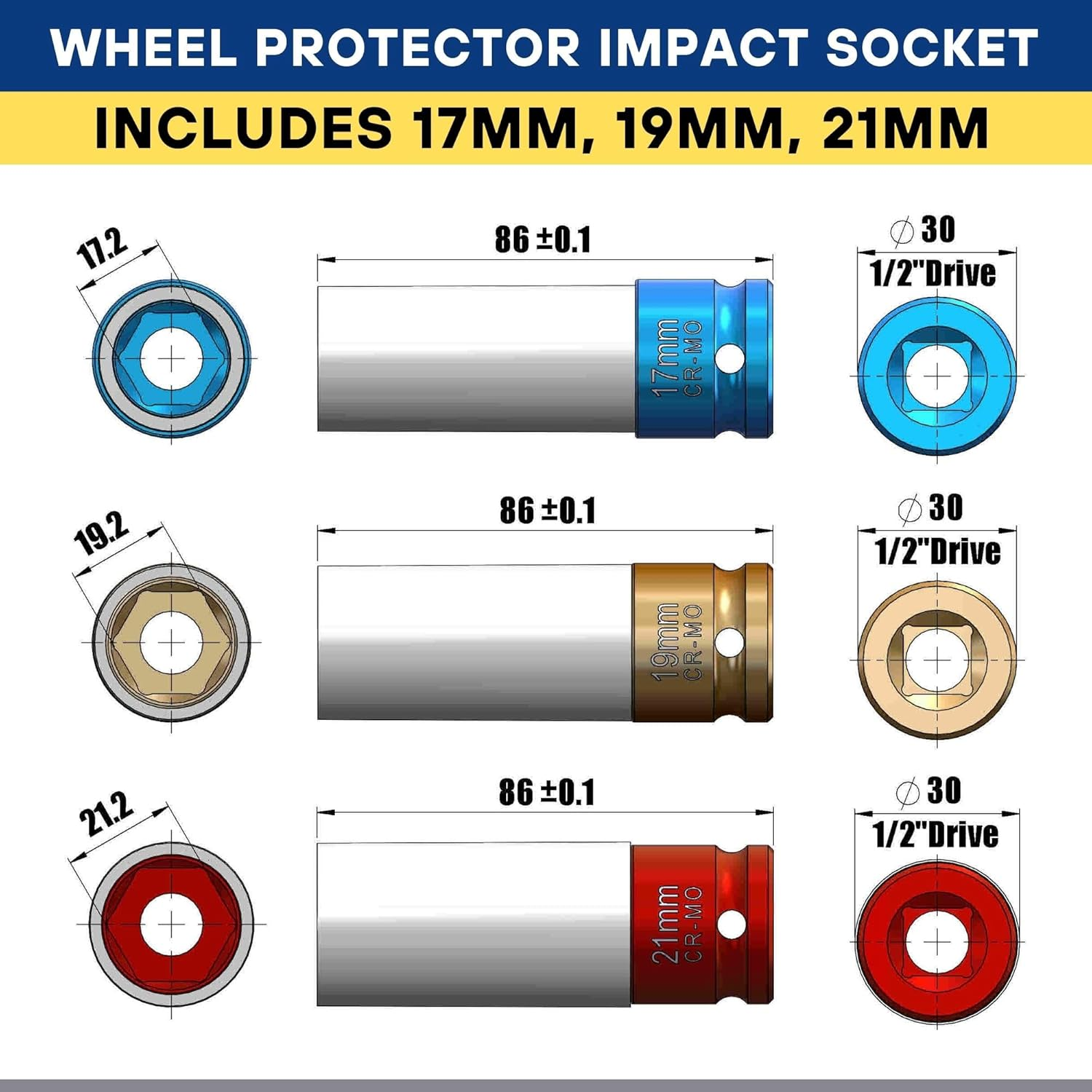 V&Auml;RMA 3-Piece 1/2-Inch Drive Heavy-Duty Wheel Protector Impact Socket Set, Thin Wall Deep Impact Socket, Lug Nut, 6 Point Metric 17Mm 19Mm 21Mm, Automotive Tire Repair Tools (ED Colour Coating) image number 1