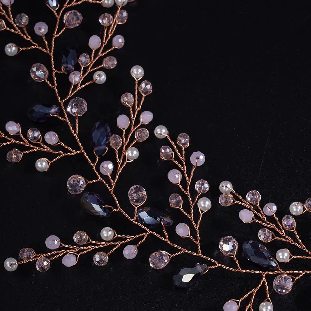 Teyglen Women Bride Wedding Rhinestones Crystals Long Headband Hair Vine Handmade Bridal Pink Rhinestone Pearls Beads Headband Wedding Hair Accessories for Brides Headpieces for Women Bride (Pink)