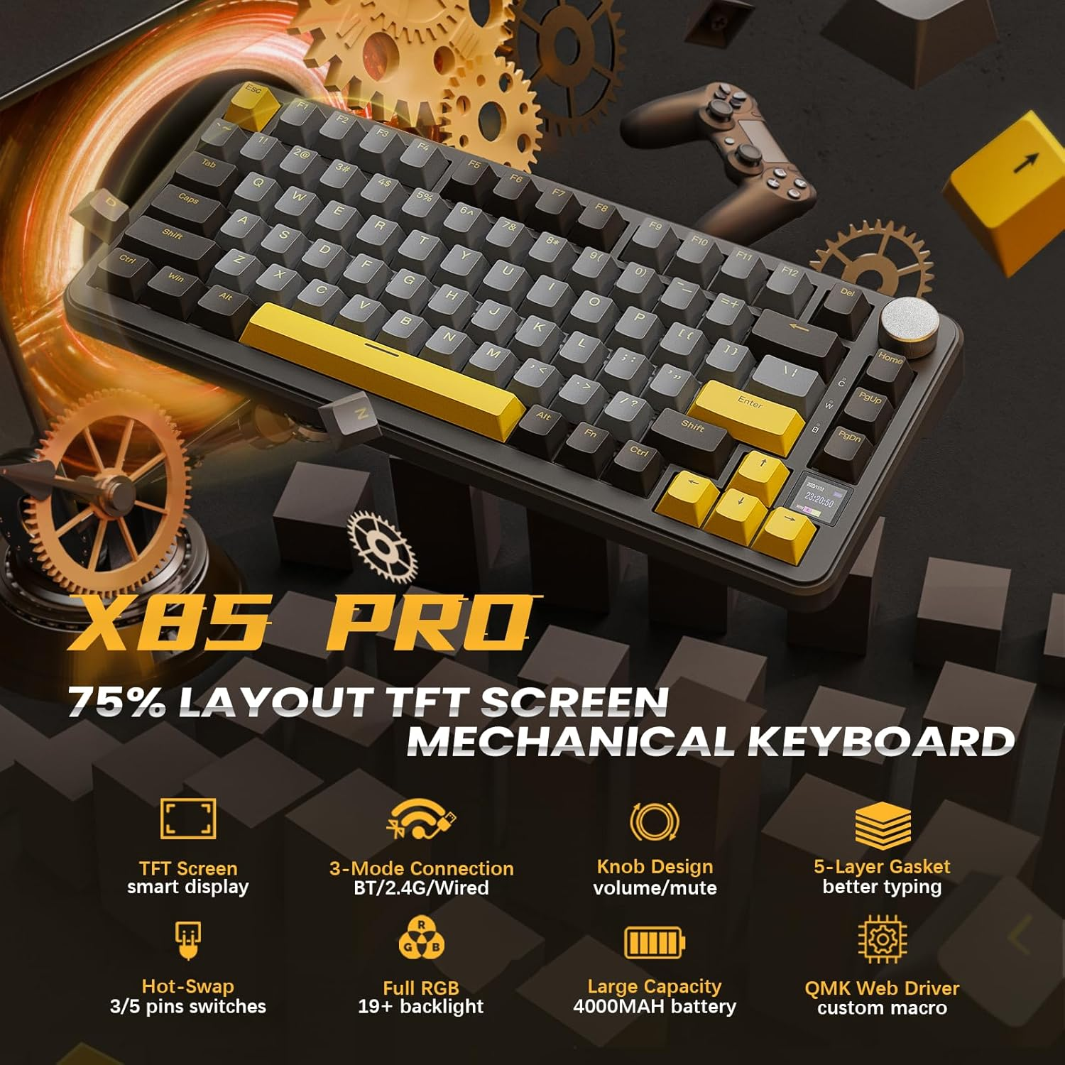 MAMBASNAKE X Attack Shark X85PRO Mechanical Keyboard with Seal, 75% Wireless Gaming Keyboard with TFT Screen and CNC Knob, 2.4 Ghz / BT5.1 / USB-C / 5 Layer Padding, Hot-Swap Linear Switch, for PC,