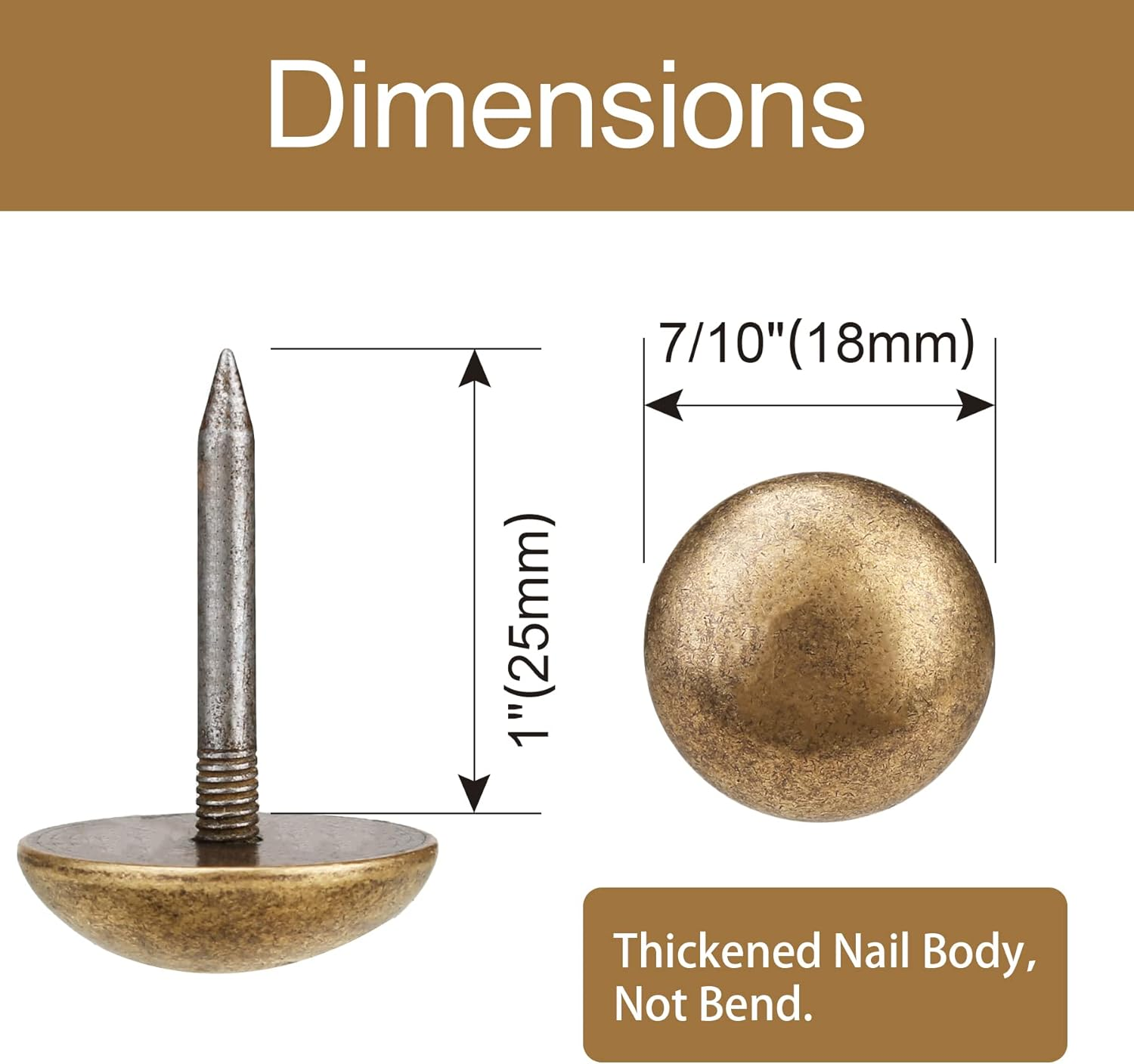 Retro Solid Pure Brass Tacks as Antique Upholstery Tacks for Furniture, Decorative Push Pins for Wood,Carpet Tacks,Hardware Tacks,Cap Tacks,Thumb Tacks,Brass Fasteners(7/10",18Mm Brozen Color,10 Pcs) image number 4