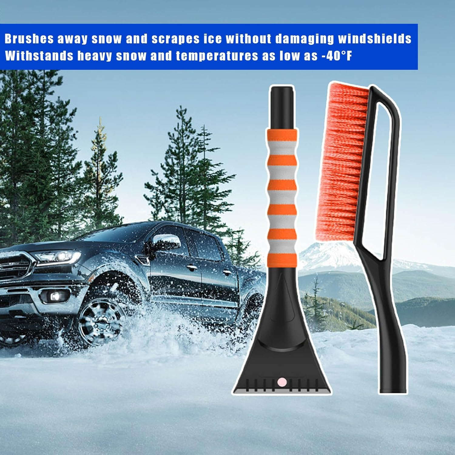 Augeny 27'' Ice Car Snow Brush and Ice Scraper, Detachable Scratch Free Snow Brush with Comfortable Foam Grip, Universal Auto Winter Snow Removal Tool for Cars, SUV, Trucks (Orange) - Orange image number 2