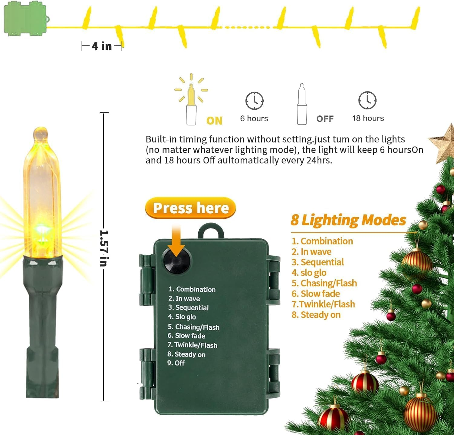 Battery Operated Christmas Lights 2 Pack 18 Feet 50 LED Clear Mini String Lights with 6 Hour Timer 8 Modes Waterproof Tree Lights for Xmas Outdoor Indoor Holiday Party Garden Decor, Warm White