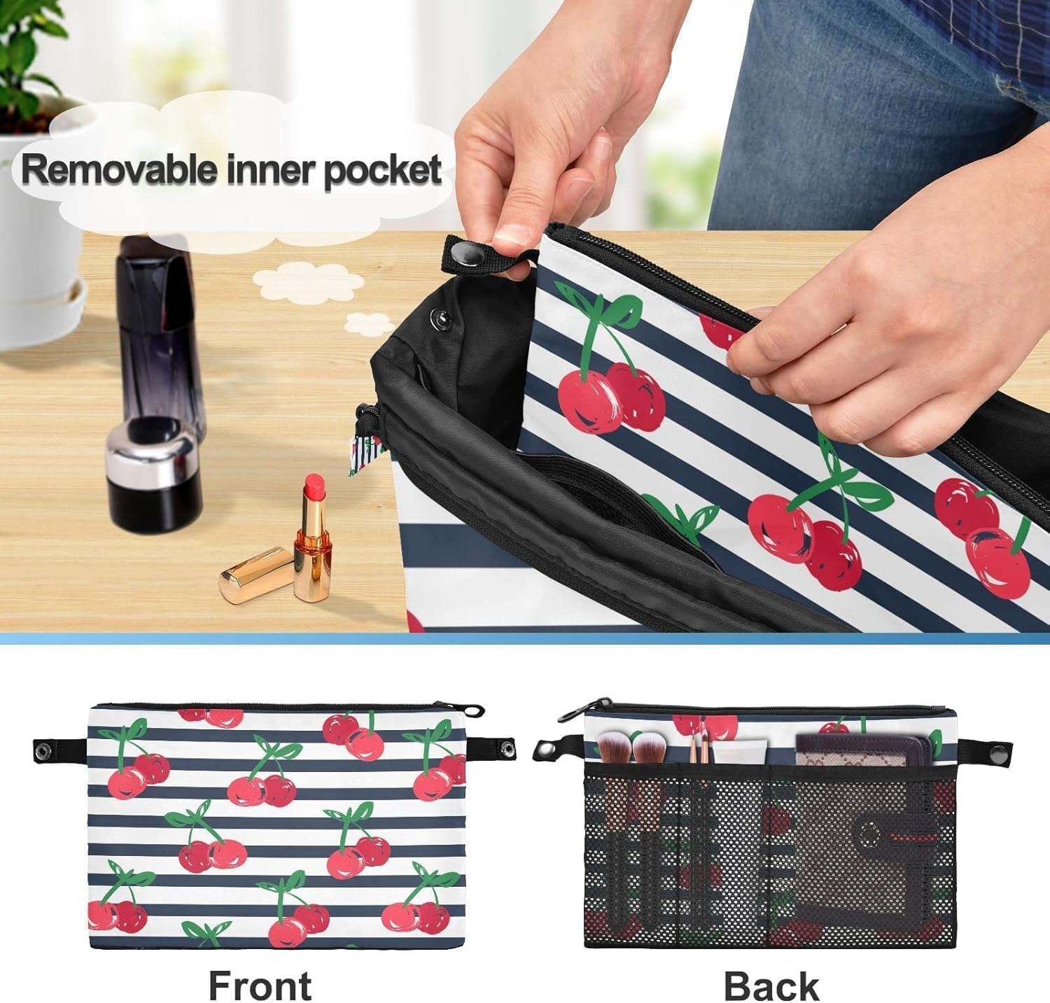 Cosmetic Bag 2Pcs Travel Makeup Case Small, Cosmetic Zipper Bag Waterproof Small Pouch for Purse Mini, Women Cute Traveling Accessories Pouch for Ladies(Stripes Cherry) image number 2