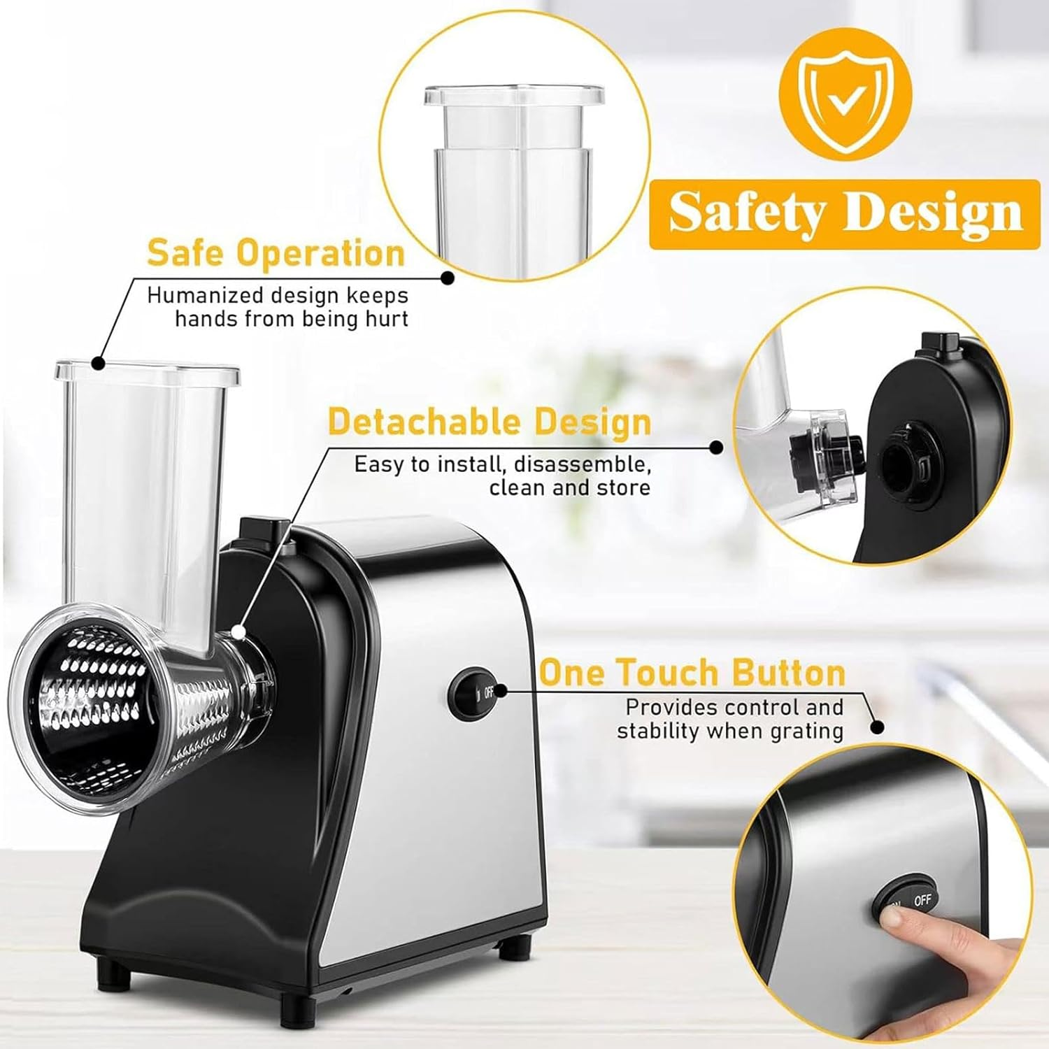 Electric Cheese Grater, 250W Multifunctional Electric Vegetable Cutter Slicer, 5 in 1 Electric Grater with Large Direct Inlet and 5 Different Blades for Vegetables Block Cheese and Fruits image number 4