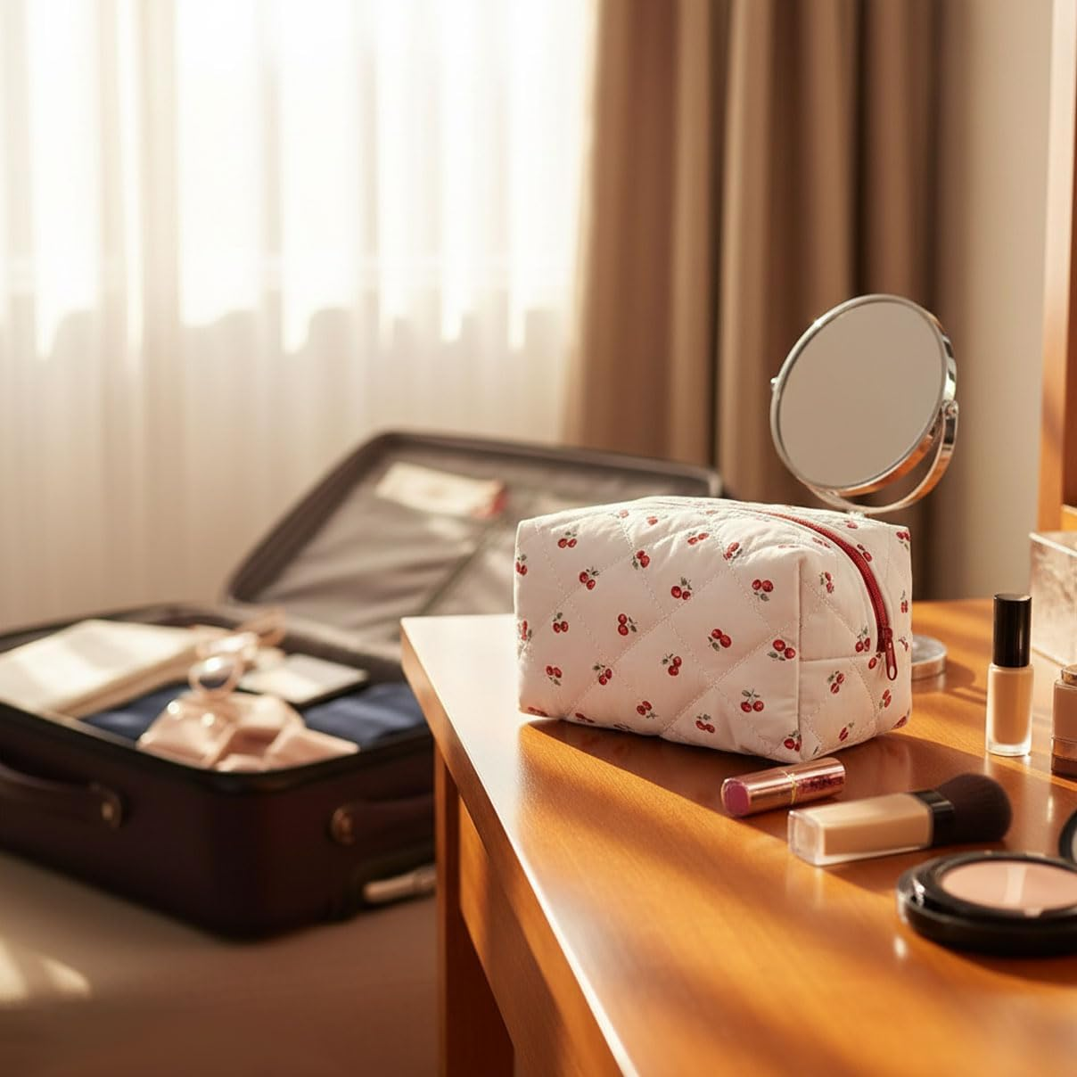 Floral Quilted Makeup Bag for Travel, Portable Cosmetic Organizer with Spacious Interior (Cherry, 17 * 12 * 9.5Cm) - Tisuff image number 1