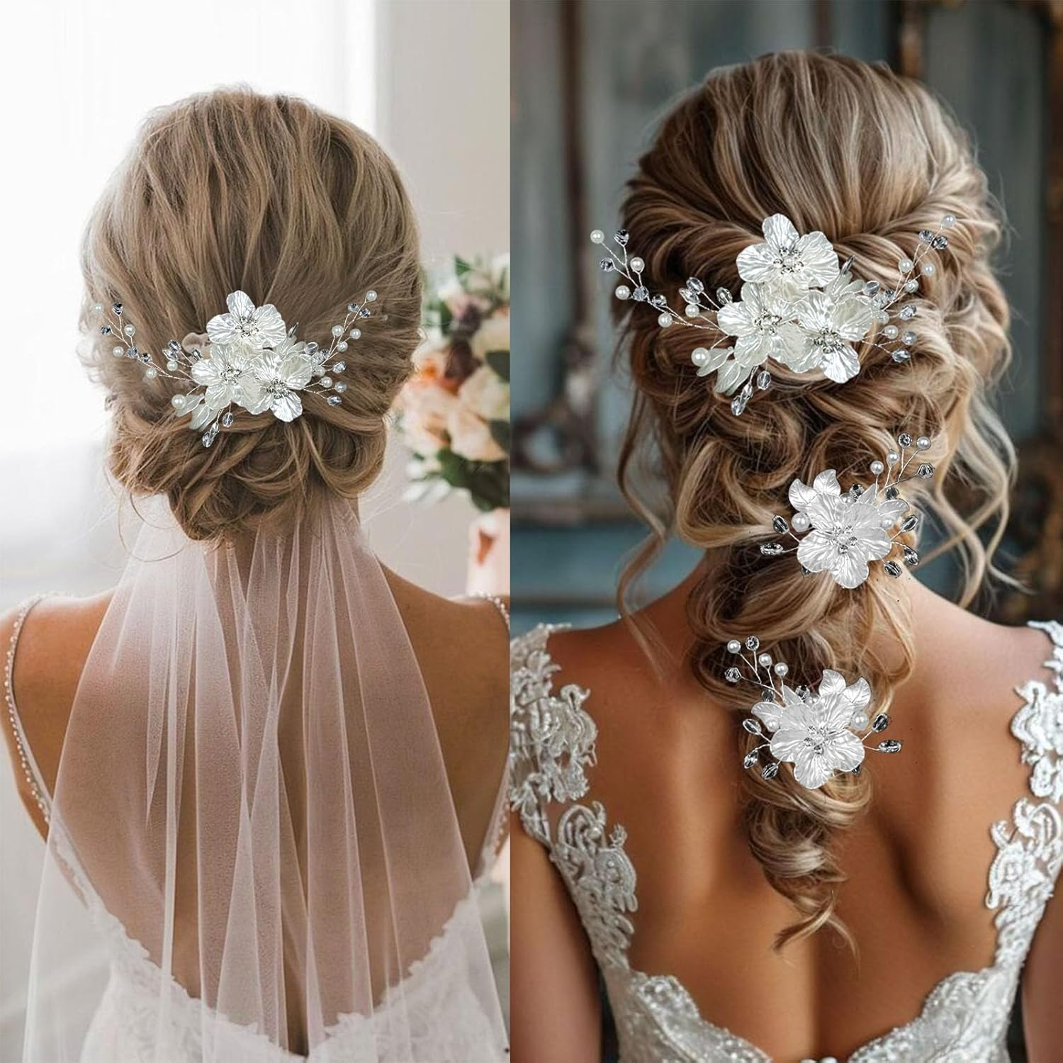 3 PCS Flower Bridal Wedding Hair Pins Crystal Pearl Hair Clips Headpiece Bride Hair Accessories Jewelry with Rhinestone, Glitter Emboss White Flower image number 4