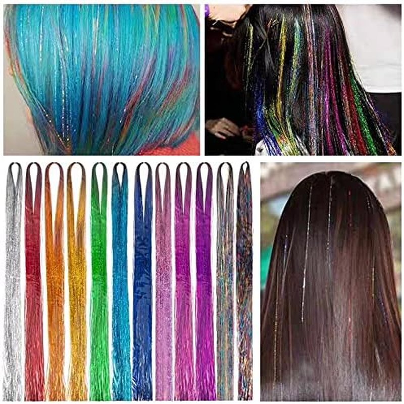 Hair Tinsel Strands Kit with Tools, 90Cm 12 Colors 2400 Strands Sparkling Party Tinsel Hair Extensions Highlights Multi-Colors Synthetic Hair Streak Bling for Women Girls