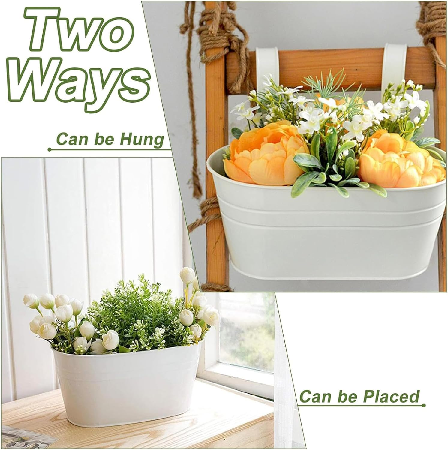 Zalizr 6 PCS Balcony Railing Planters, Metal Iron Hanging Flower Pots for Fence, Porch, Railing, and Balcony, Indoor/Outdoor Garden Decoration with Detachable Hooks (White) image number 5