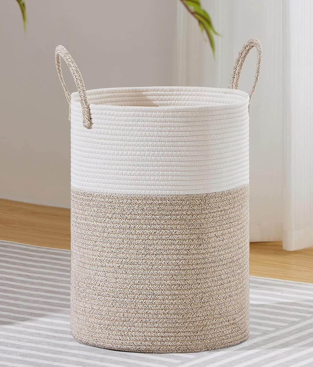 Large Laundry Hamper, Tall Woven Laundry Basket for Blanketfor Toys, Dirty Clothes in Living Rooms, Bathrooms, and Bedrooms; Measures 38&times;50Cm (White and Linen Colors)