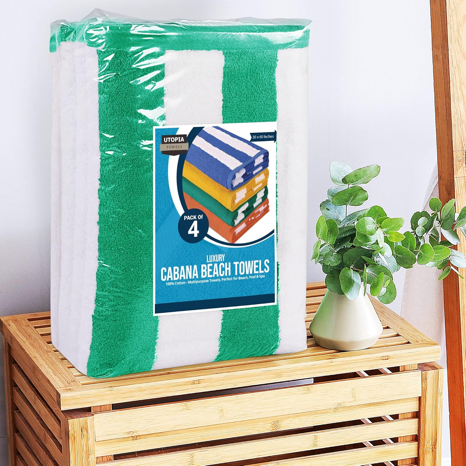 Utopia Towels Large Beach Towel - Cotton Pool Towels - Cabana Stripe Towels (4 Pack, 30 X 60 Inches) Green image number 4