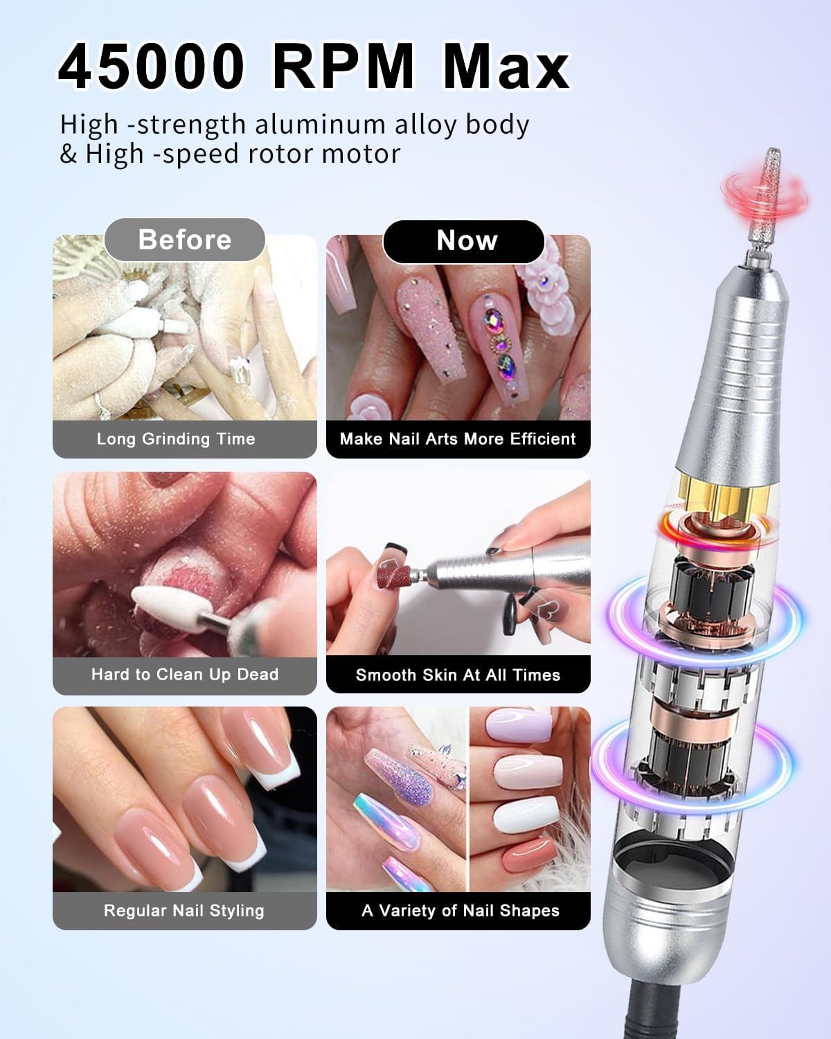 Cozyzen Cordless Nail Drill Professional: 45000 RPM Rechargeable Electric Nail File Kit, Portable & Low Noise for Acrylic, Gel Nails, Manicure & Pedicure - Salon & Home Use image number 4