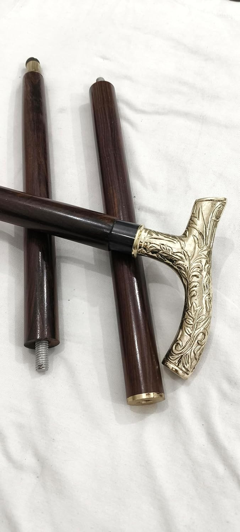 Vintage Walking Stick, 94 Cm Brown Wooden Cane, Decorative Brass T-Handle, 3-Piece Design image number 4