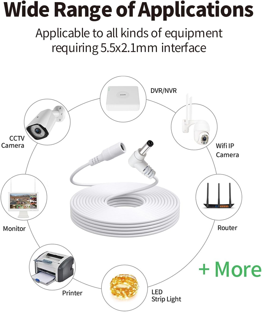 Tonton DC Power Extension Cable 2M 6.6FT 5.5Mm X 2.1Mm 90 Degree Right Angle Female to DC Male Power Adapter Cord for CCTV Security Camera Surveillance LED Strip DVR Router Guitar Effect Pedal (White)