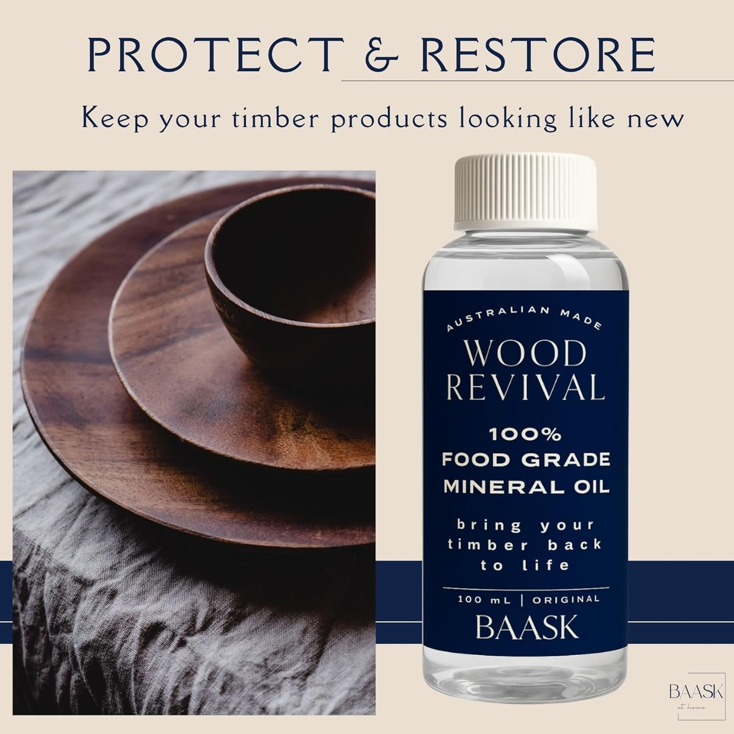 Chopping Board Oil 100Ml Food Grade Mineral Oil Made in Australia- Conditions & Protects Wooden Cutting Boards, Utensils and More by BAASK