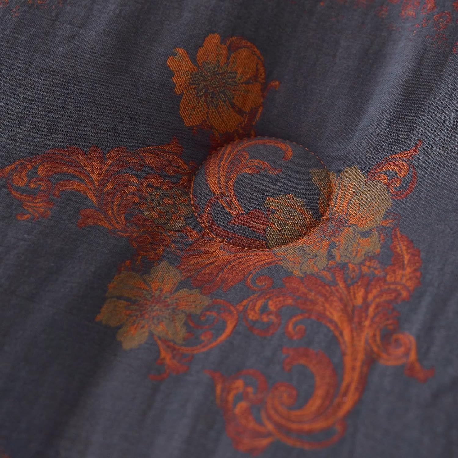 Mixinni Vintage Floral Comforter Set King Size, All Seasons Muslin Cotton Bedding Set, 3 Pieces Farmhouse Shabby Chic Jacquard Floral Comforter Set Perfect for Women and Men-Grayish Blue/Pumpkin image number 2