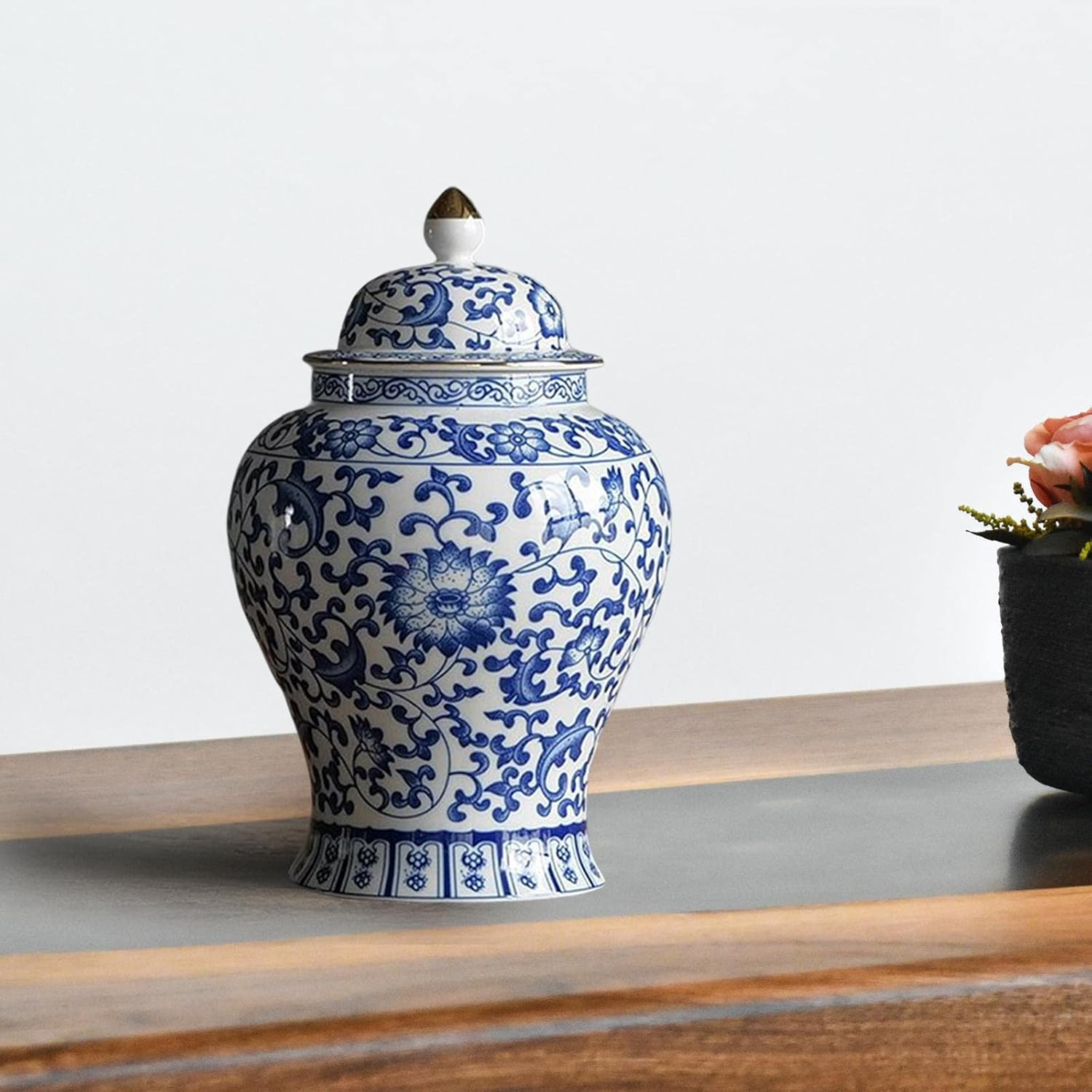 Folpus Ceramic Ginger Jar Flower Vase Traditional Centerpiece Blue and White Table Decoration Tea Storage Porcelain Jar for Wedding Cafe Decoration image number 1