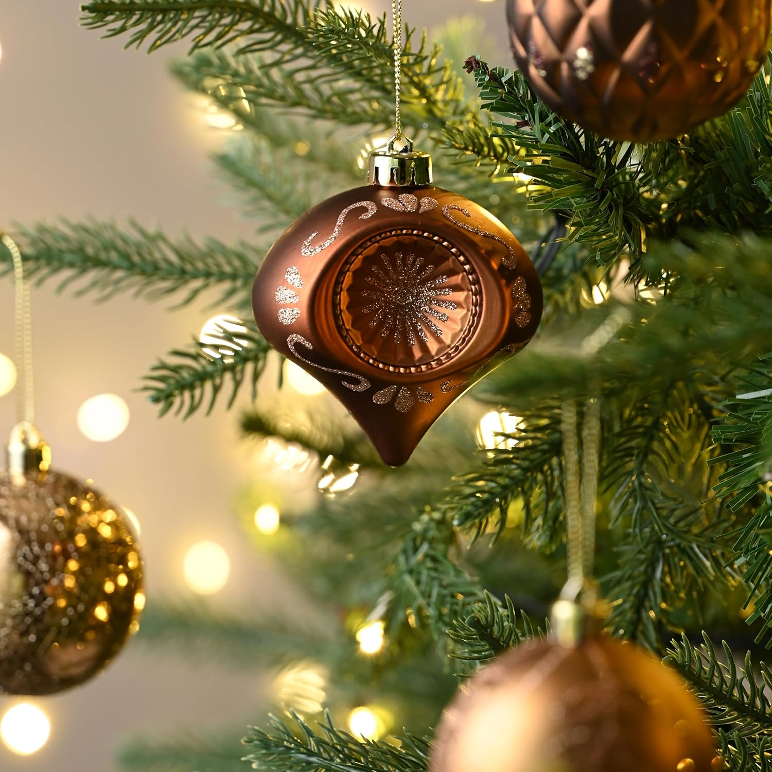Valery Madelyn Christmas Ball Ornaments for Valentines Day, 9Ct Bronze Copper Brown and Gold Shatterproof Christmas Tree Decorations Set, 2.76 Inches Luxury Hanging Ornaments for Xmas Holiday Decor image number 3