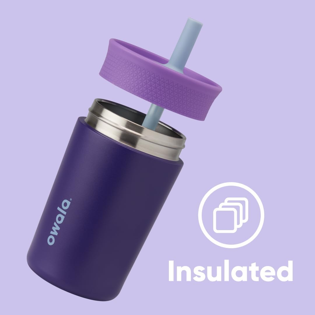 Owala Kids Insulation Stainless Steel Tumbler with Spill Resistant Flexible Straw, Easy to Clean, Kids Water Bottle, Great for Travel, Dishwasher Safe, 12 Oz, Purple (Peacock Palace) - Purple image number 3