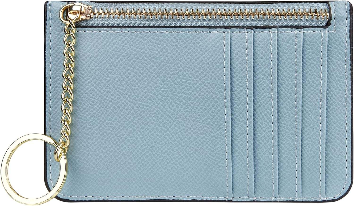 Women'S Leather Slim Minimalist Card Holder Case Zipper Changes Coin Front Pocket Wallet with Keychain, Green, Casual image number 6