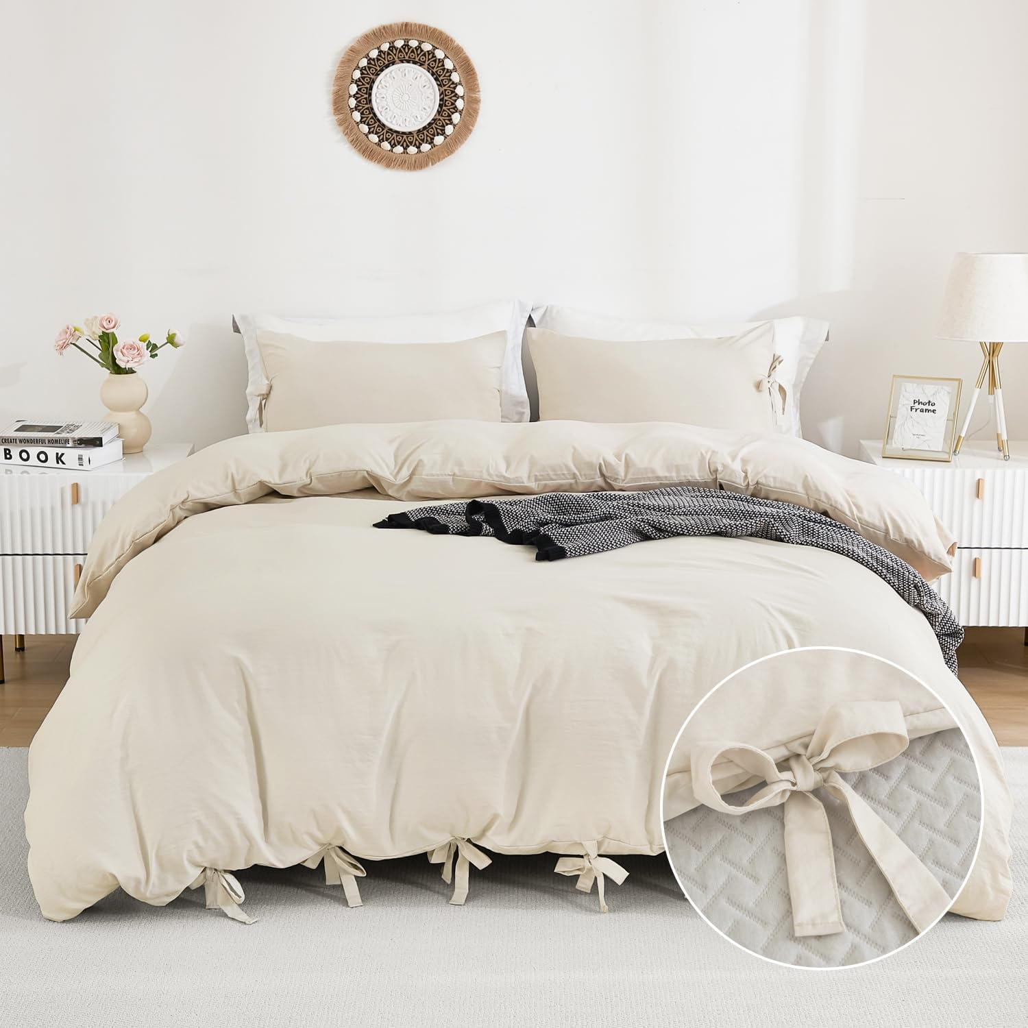 Annadaif Sage Green Duvet Cover Queen Size, 3 Pieces Soft Washed Microfiber Duvet Cover Set, Comforter Cover with Bowknot Bow Tie (1 Duvet Cover 90X90 Inch, 2 Pillowcases) Easy Care Bedding Set