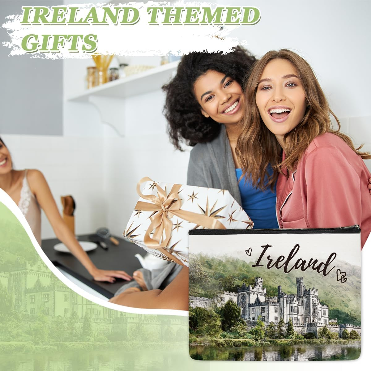 Kylemore Abbey Ireland Makeup Bag Gifts &ndash; Ireland Travel Essentials Watercolor Cosmetic Bag, Irish Gifts for Women Girls, Zipper Toiletry Pouch, Irish Souvenir Organizer Waterproof Linen image number 3