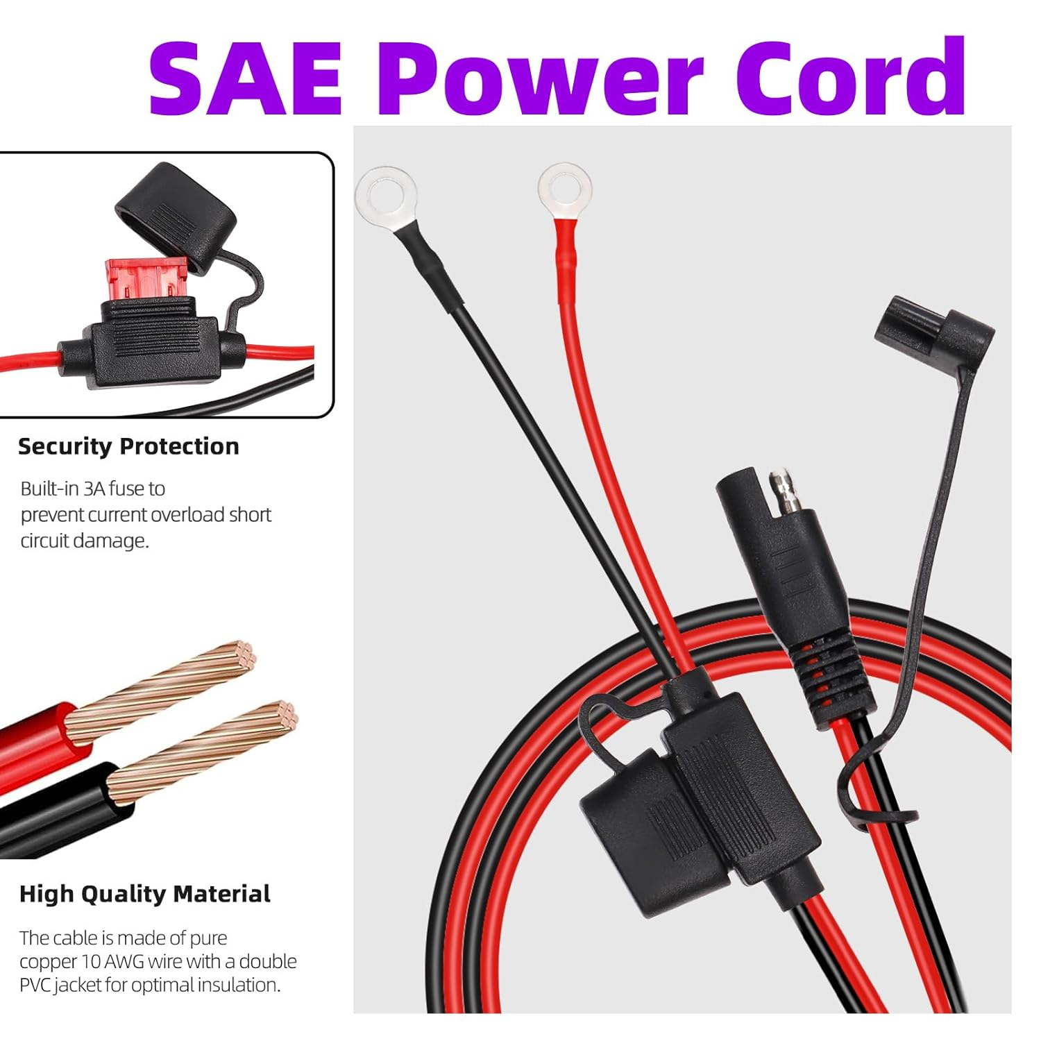 Swpeet 2Pcs 25.5 Inch SAE Battery Connector Ring Terminal Harness Accessory Cable, Smart Battery Chargers Cord Adapter with SAE Quick Disconnect